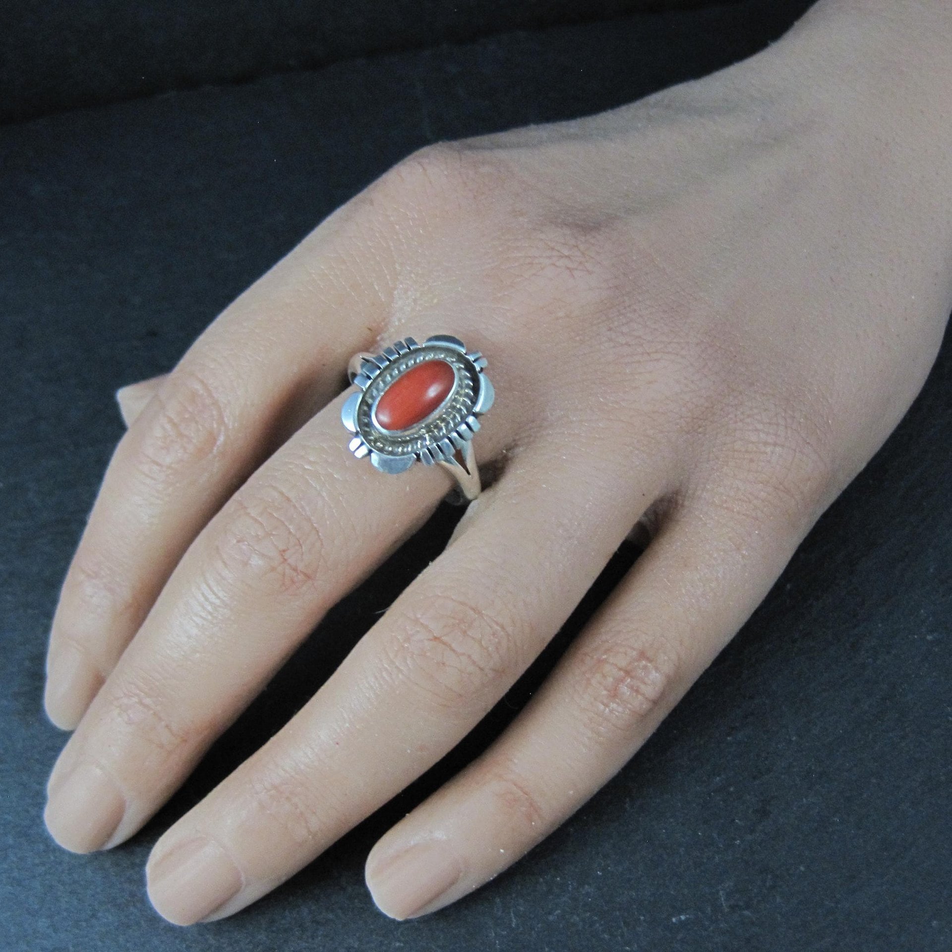 Vintage Navajo Coral Ring Sterling Silver Size 10