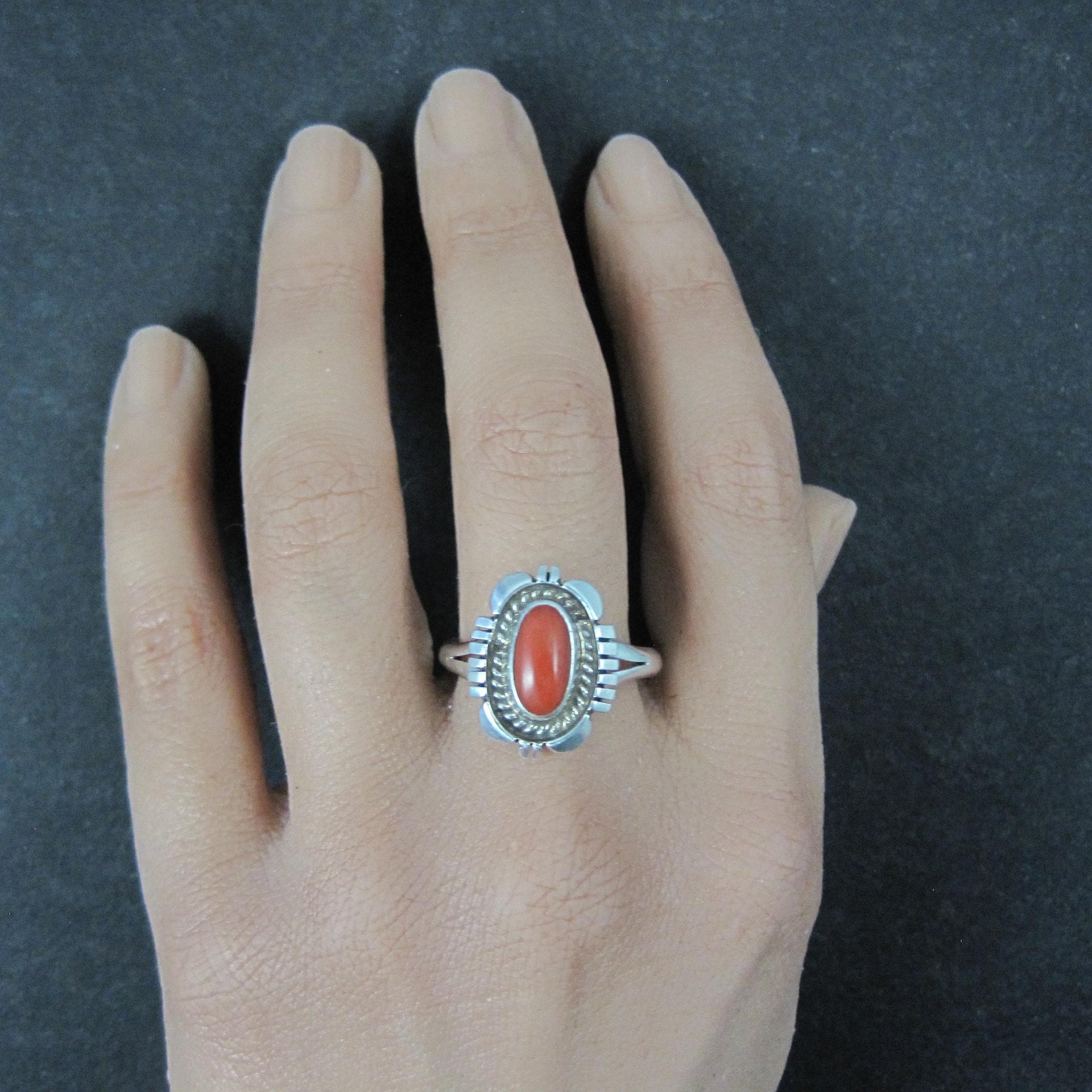 Vintage Navajo Coral Ring Sterling Silver Size 10