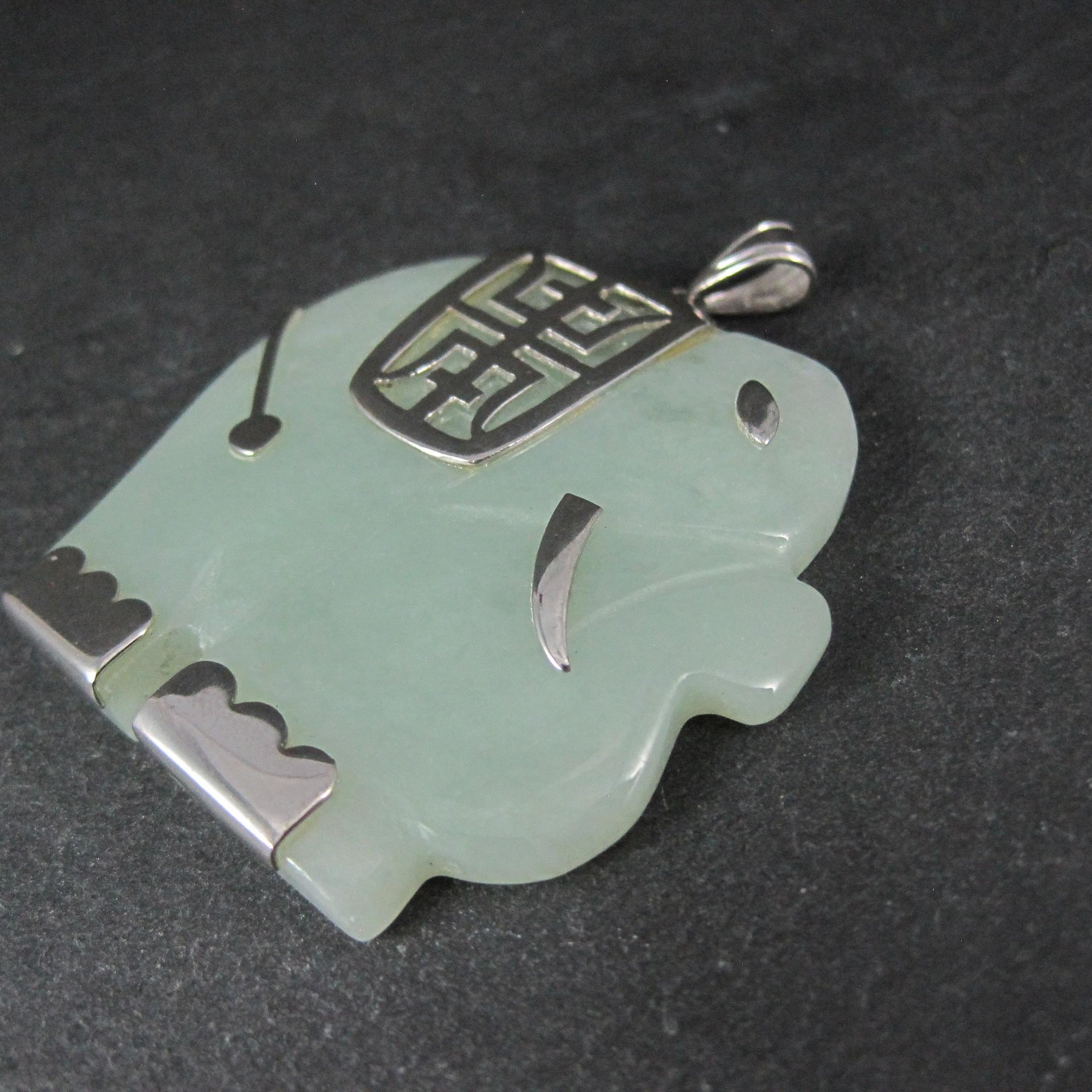 Huge Sterling Silver Jade Elephant Pendant