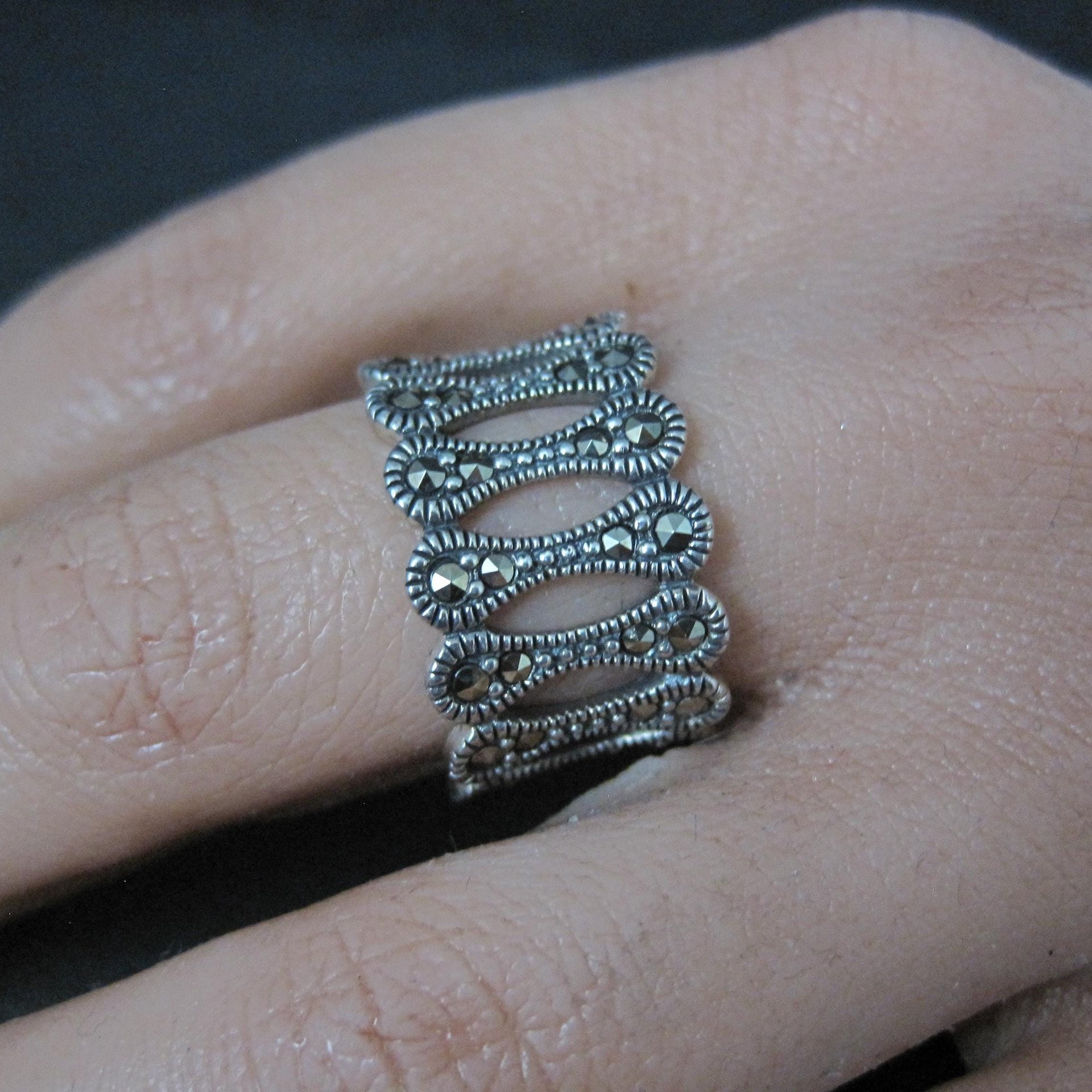 Wide Sterling Silver Marcasite Band Ring Size 7.5