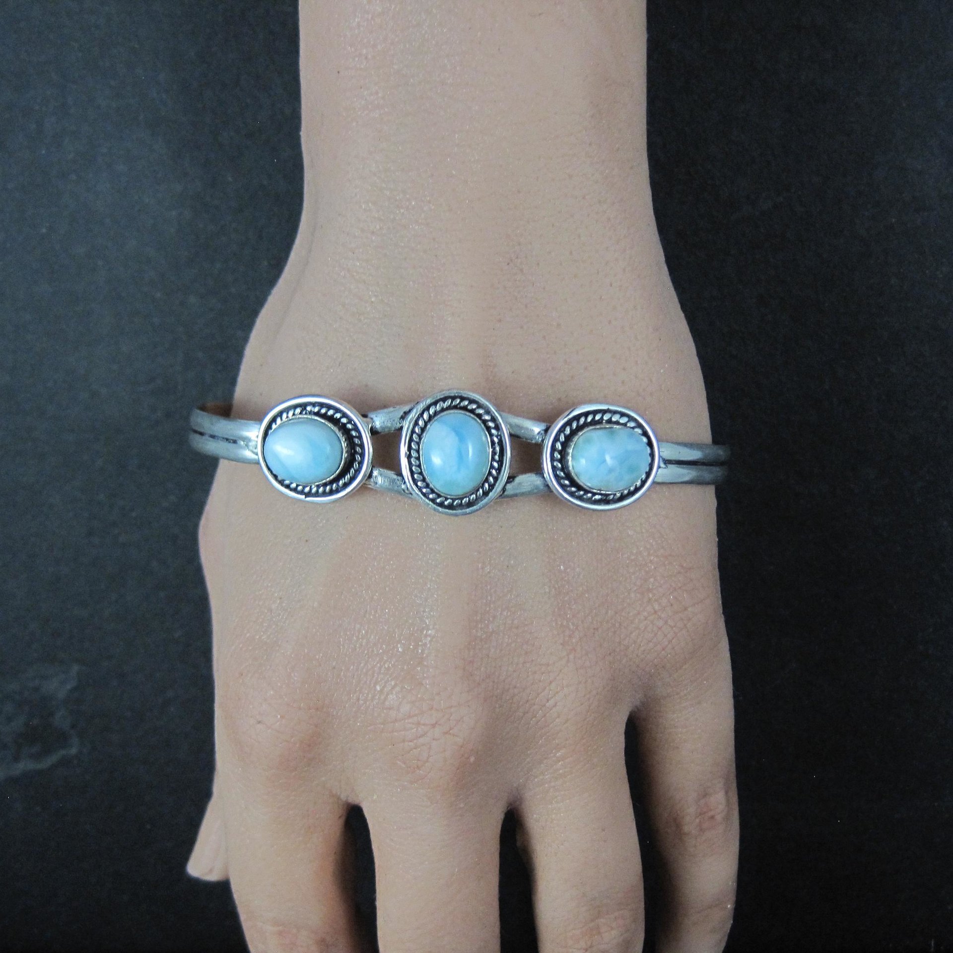 Sterling Silver Larimar Cuff Bracelet 8.25" Large Wrist