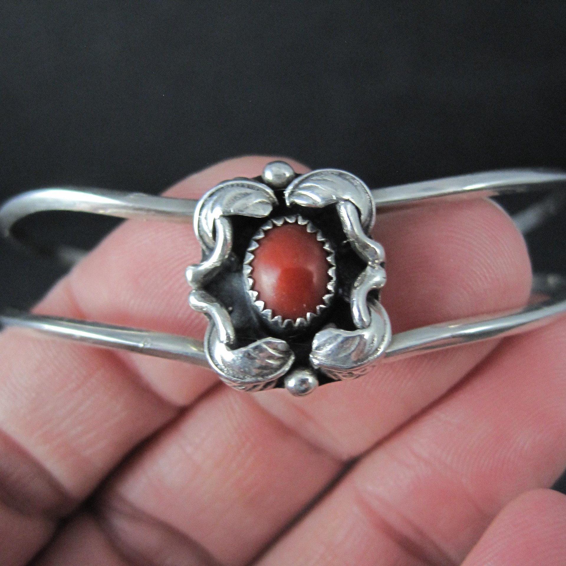 Dainty Southwestern Sterling Silver Coral Sweater Cuff Bracelet 6 Inches