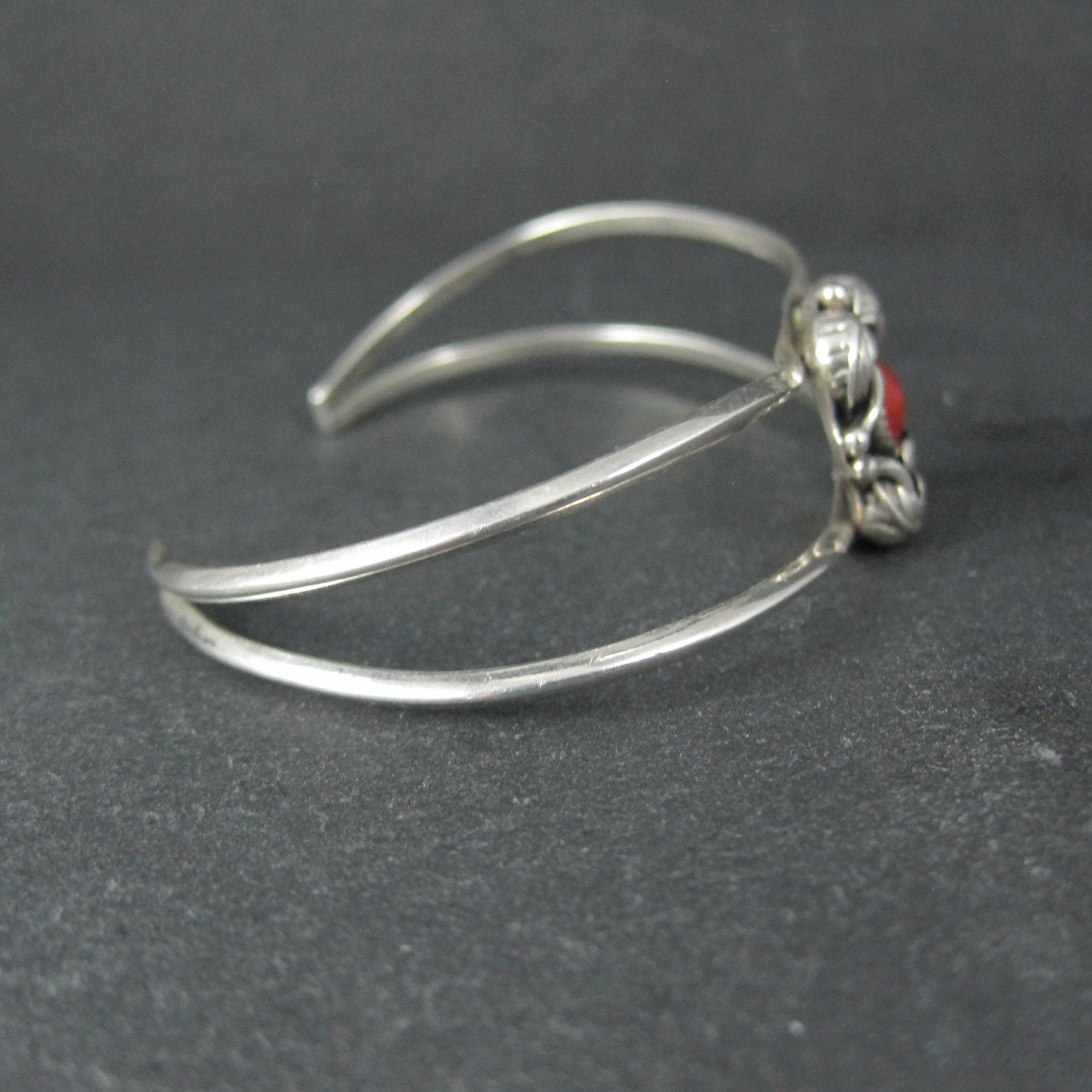 Dainty Southwestern Sterling Silver Coral Sweater Cuff Bracelet 6 Inches