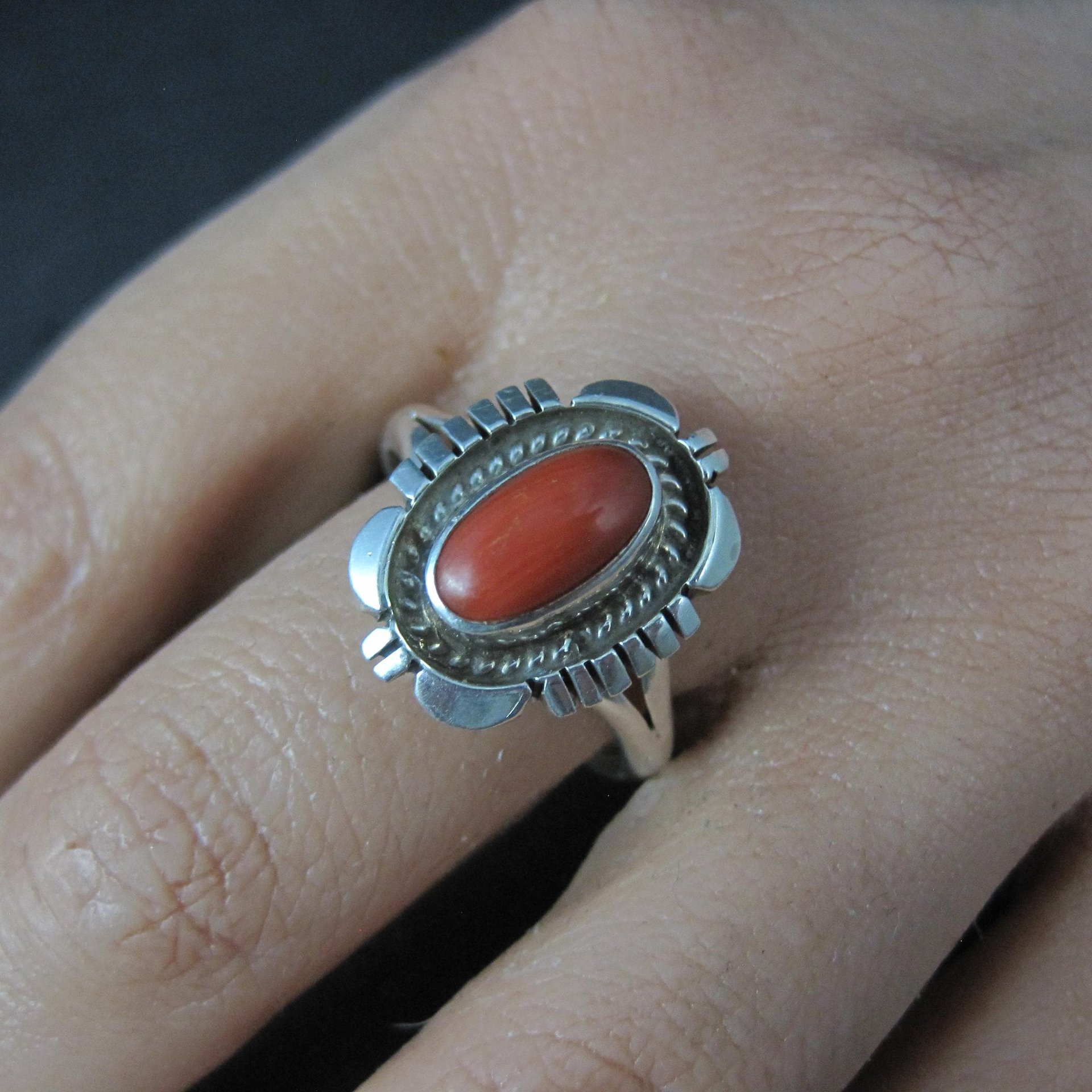 Vintage Navajo Coral Ring Sterling Silver Size 10