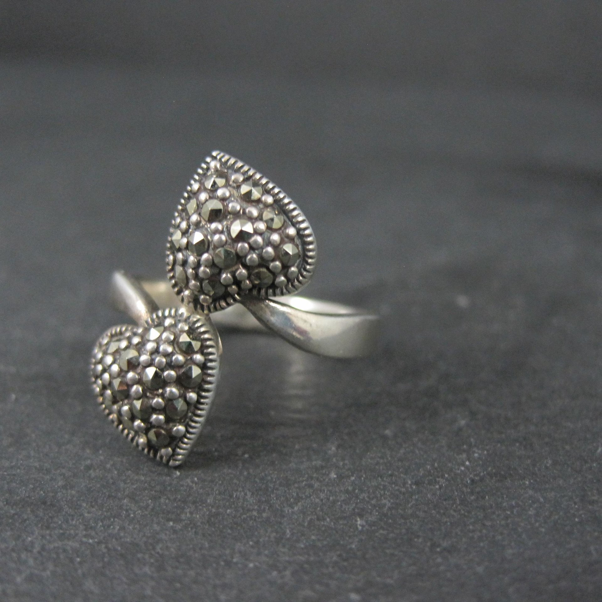 Vintage Sterling Silver Marcasite 2 Heart Ring Size 7
