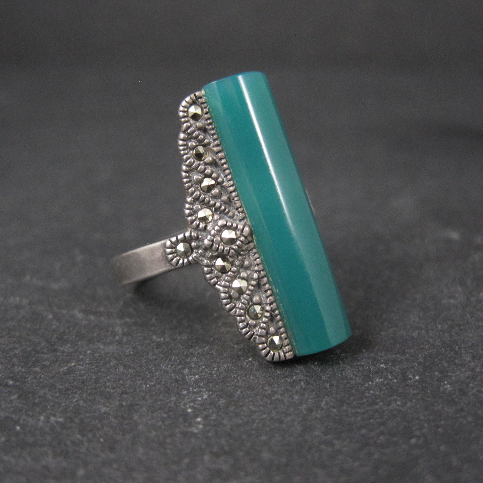Vintage Sterling Silver Chrysoprase and Marcasite Ring Size 6