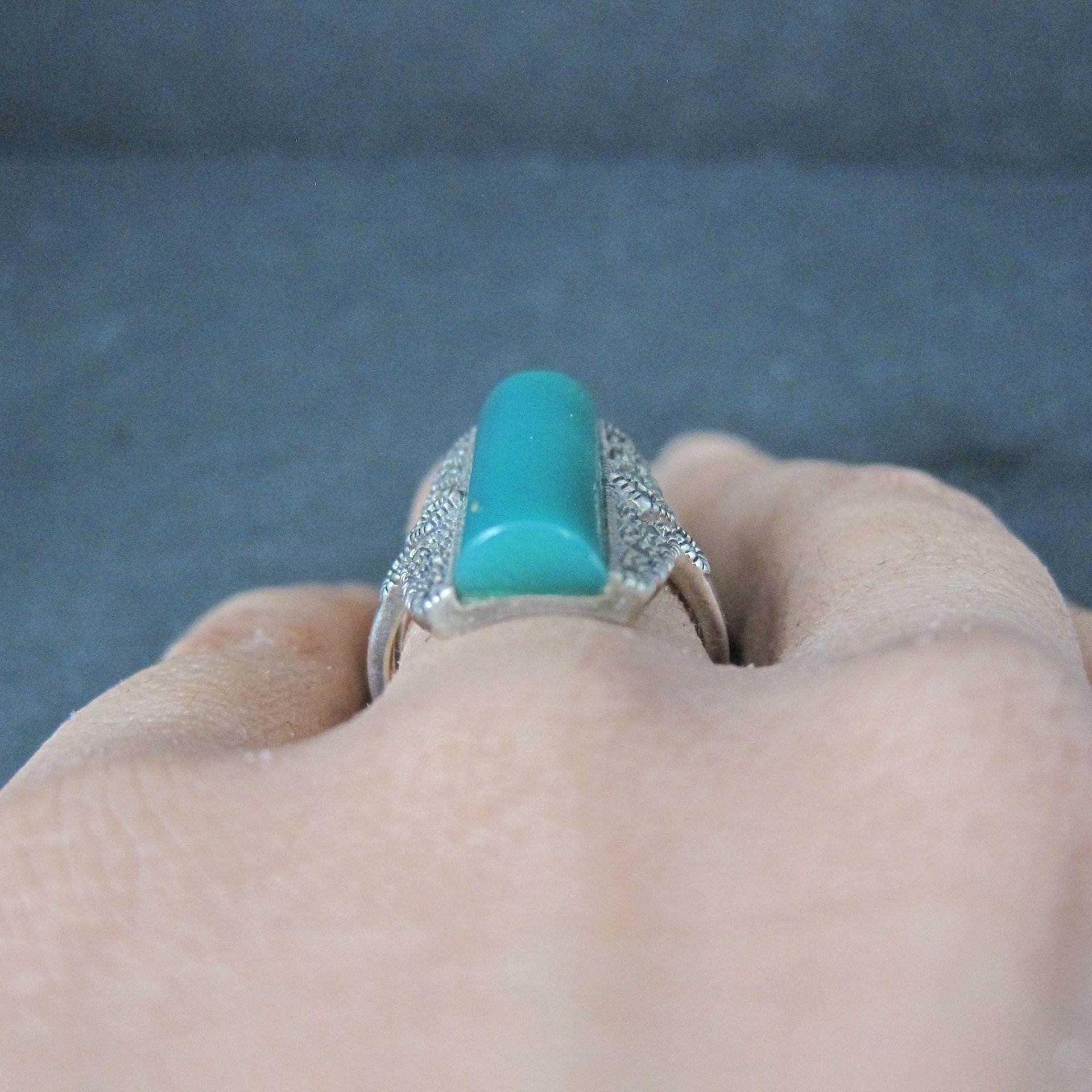 Vintage Sterling Silver Chrysoprase and Marcasite Ring Size 6