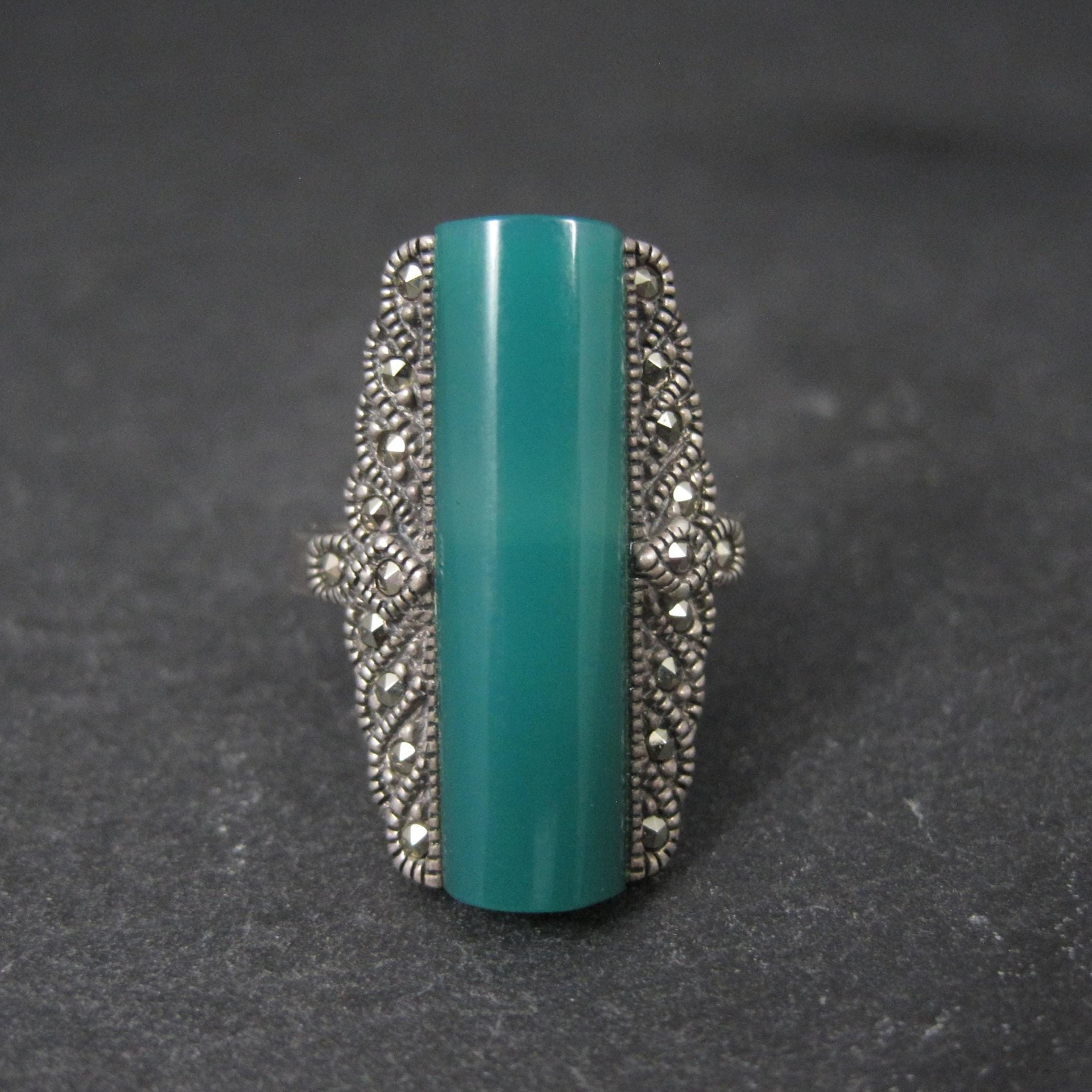 Vintage Sterling Silver Chrysoprase and Marcasite Ring Size 6