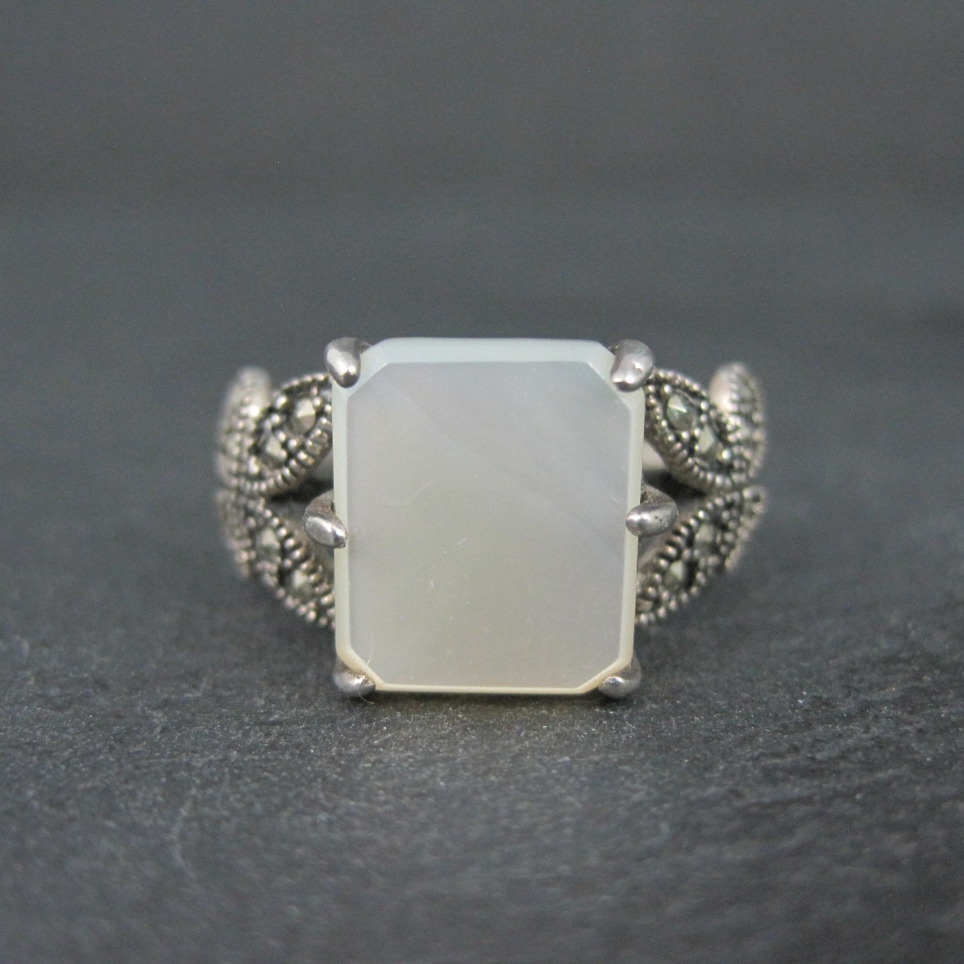 Sterling Silver Mother of Pearl and Marcasite Butterfly Ring Size 7