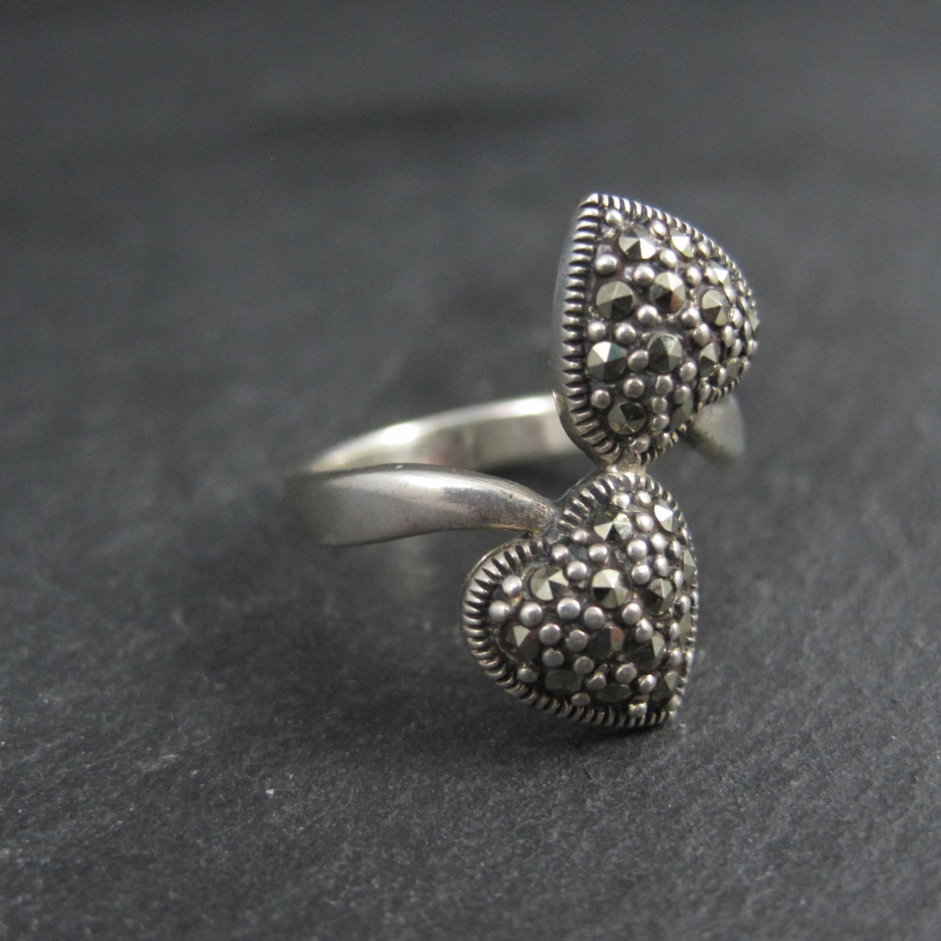 Vintage Sterling Silver Marcasite 2 Heart Ring Size 7