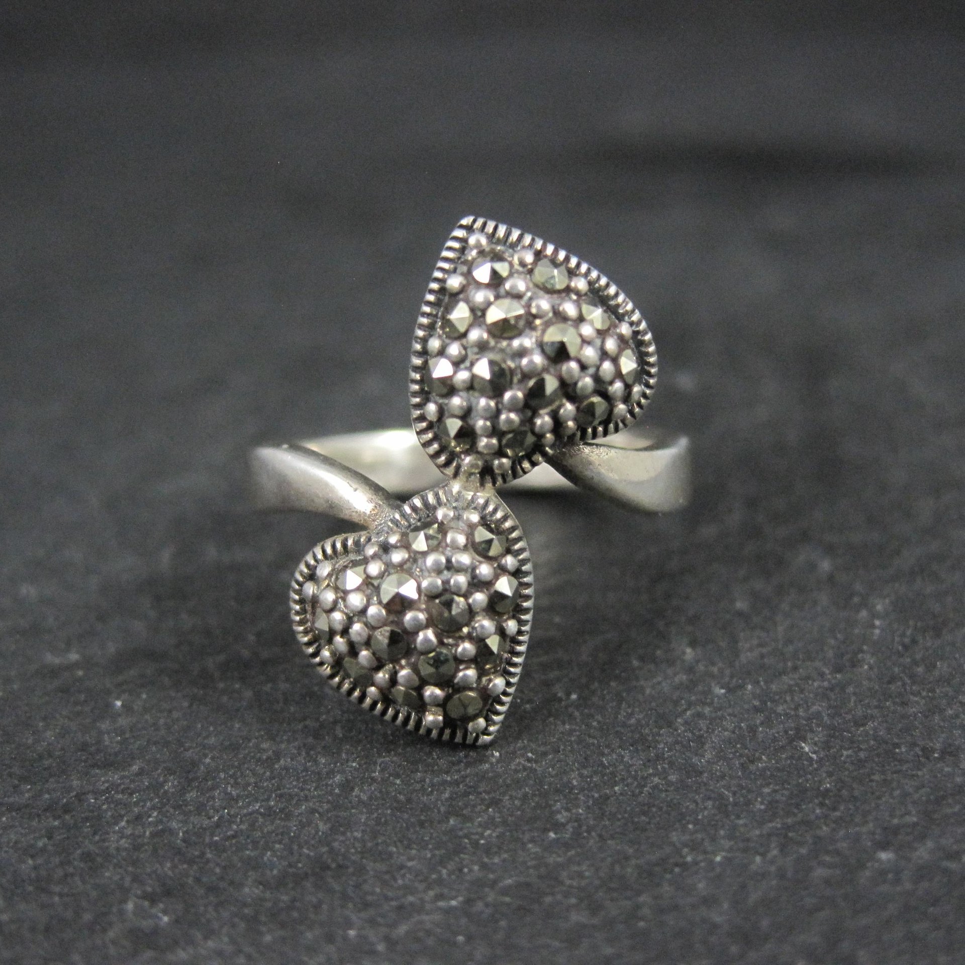Vintage Sterling Silver Marcasite 2 Heart Ring Size 7