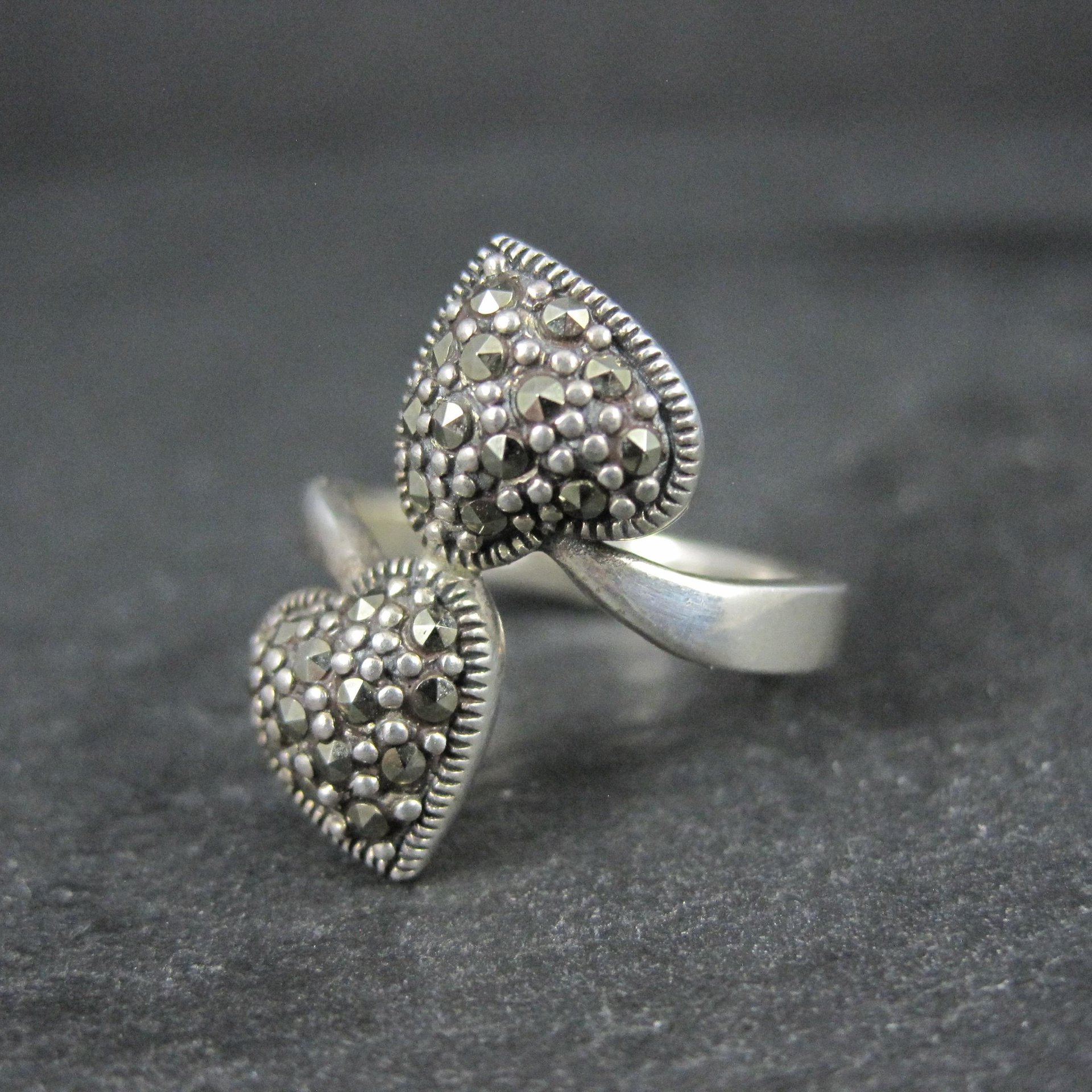Vintage Sterling Silver Marcasite 2 Heart Ring Size 7