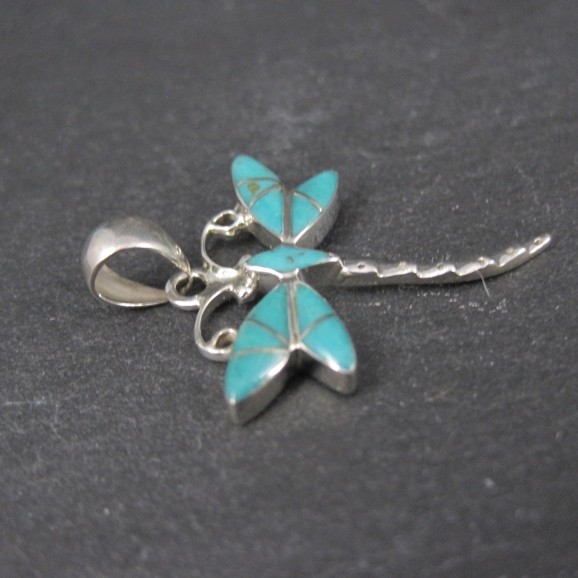 Southwestern Inlaid Turquoise Dragonfly Pendant Sterling Silver Estate Jewelry NOS
