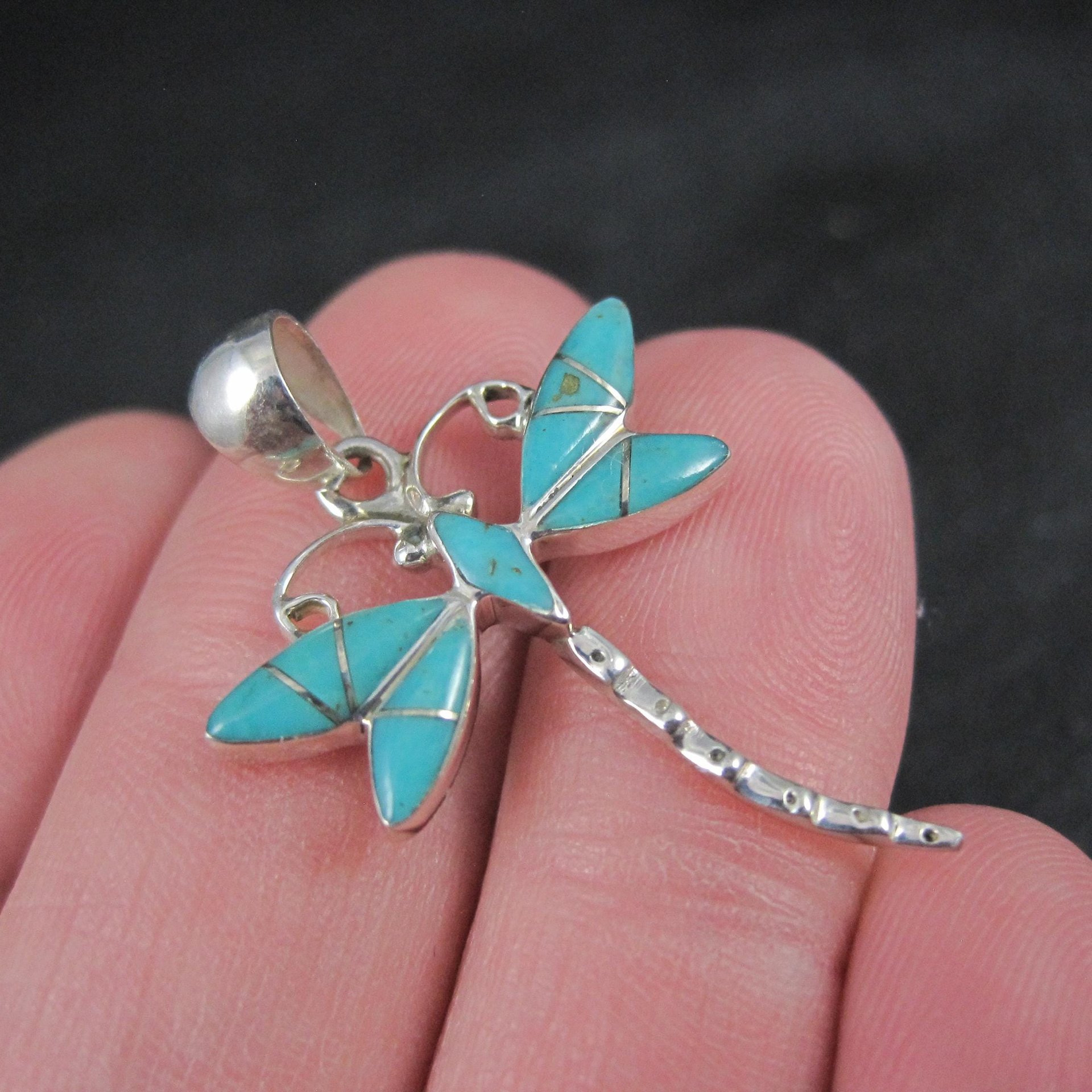 Southwestern Inlaid Turquoise Dragonfly Pendant Sterling Silver Estate Jewelry NOS