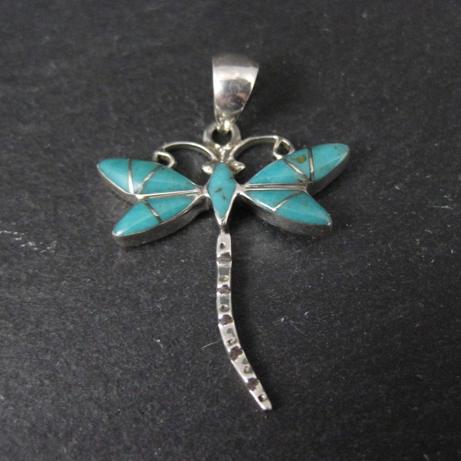 Southwestern Inlaid Turquoise Dragonfly Pendant Sterling Silver Estate Jewelry NOS