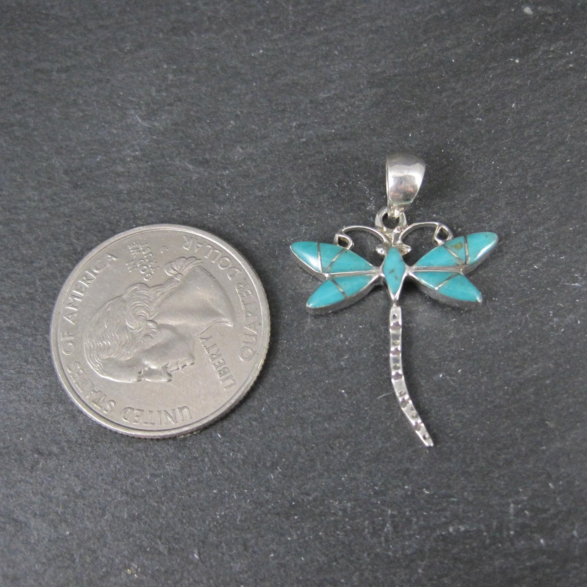 Southwestern Inlaid Turquoise Dragonfly Pendant Sterling Silver Estate Jewelry NOS
