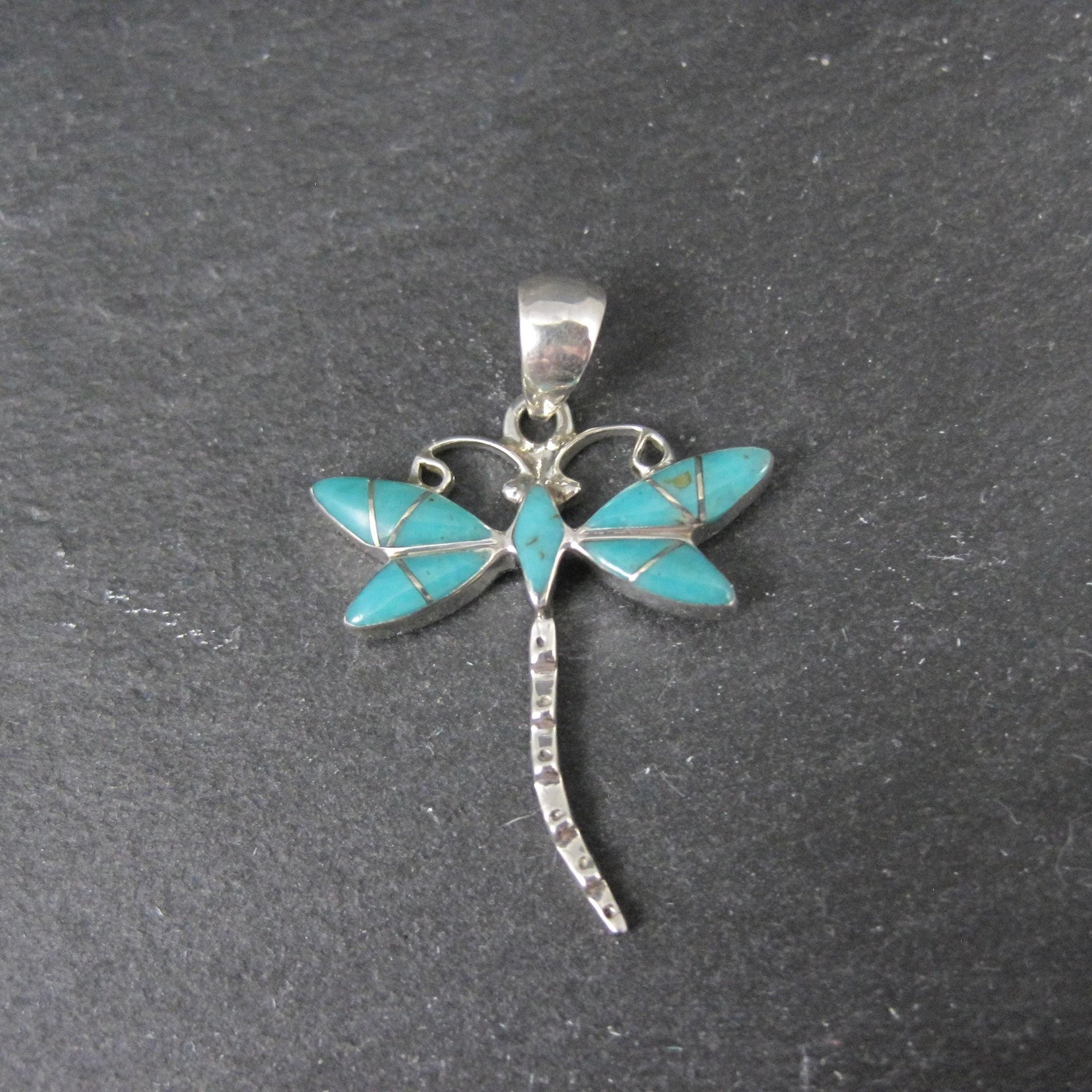 Southwestern Inlaid Turquoise Dragonfly Pendant Sterling Silver Estate Jewelry NOS