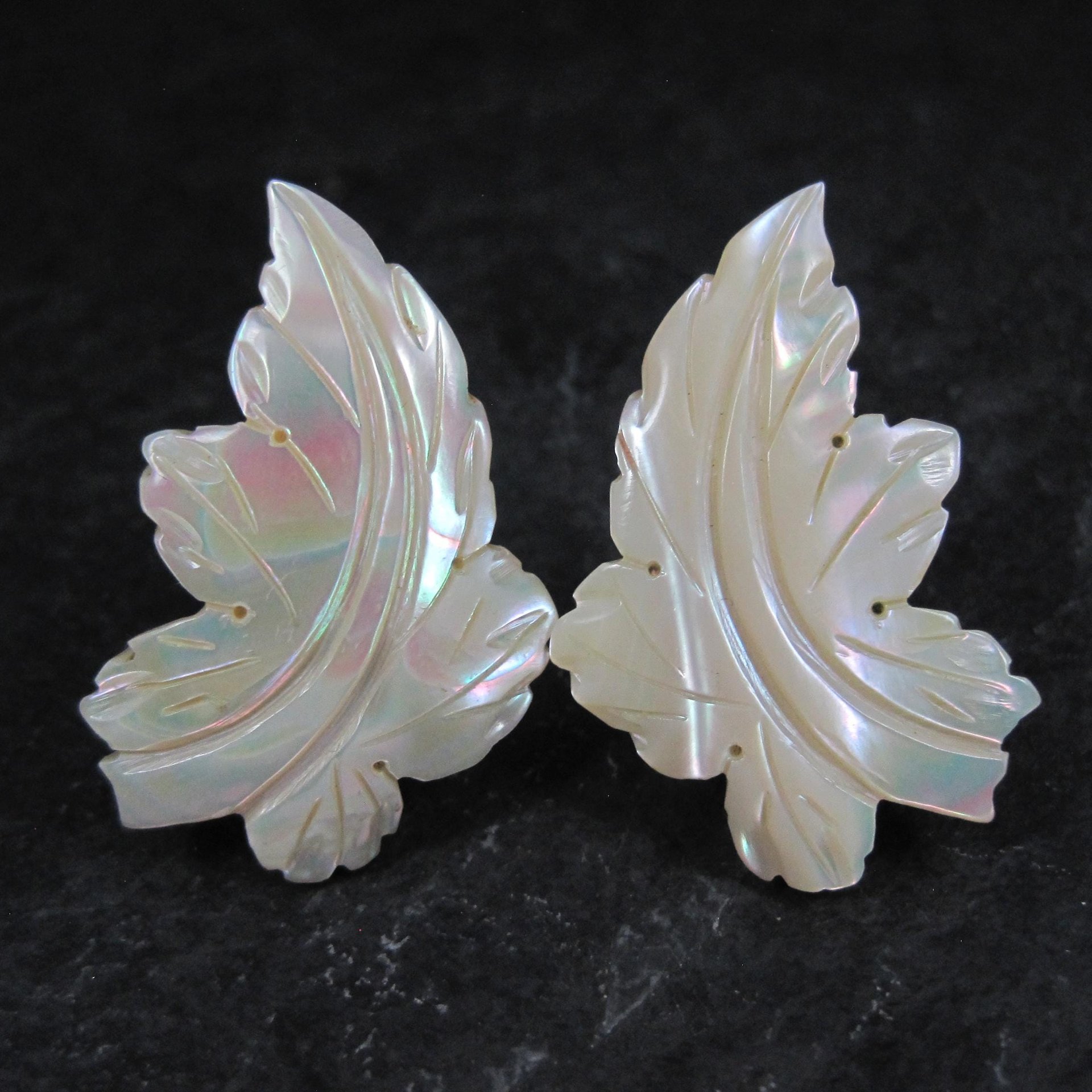 Vintage Mother of Pearl Leaf Earrings Screw Back