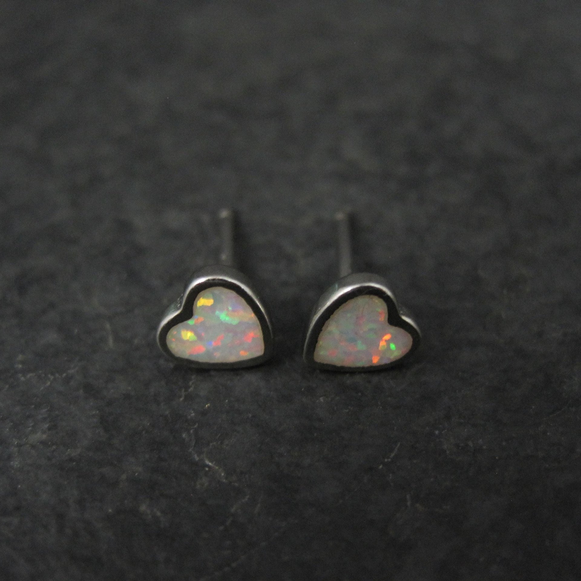 Tiny Opal Heart Earrings Vintage Sterling Silver Studs