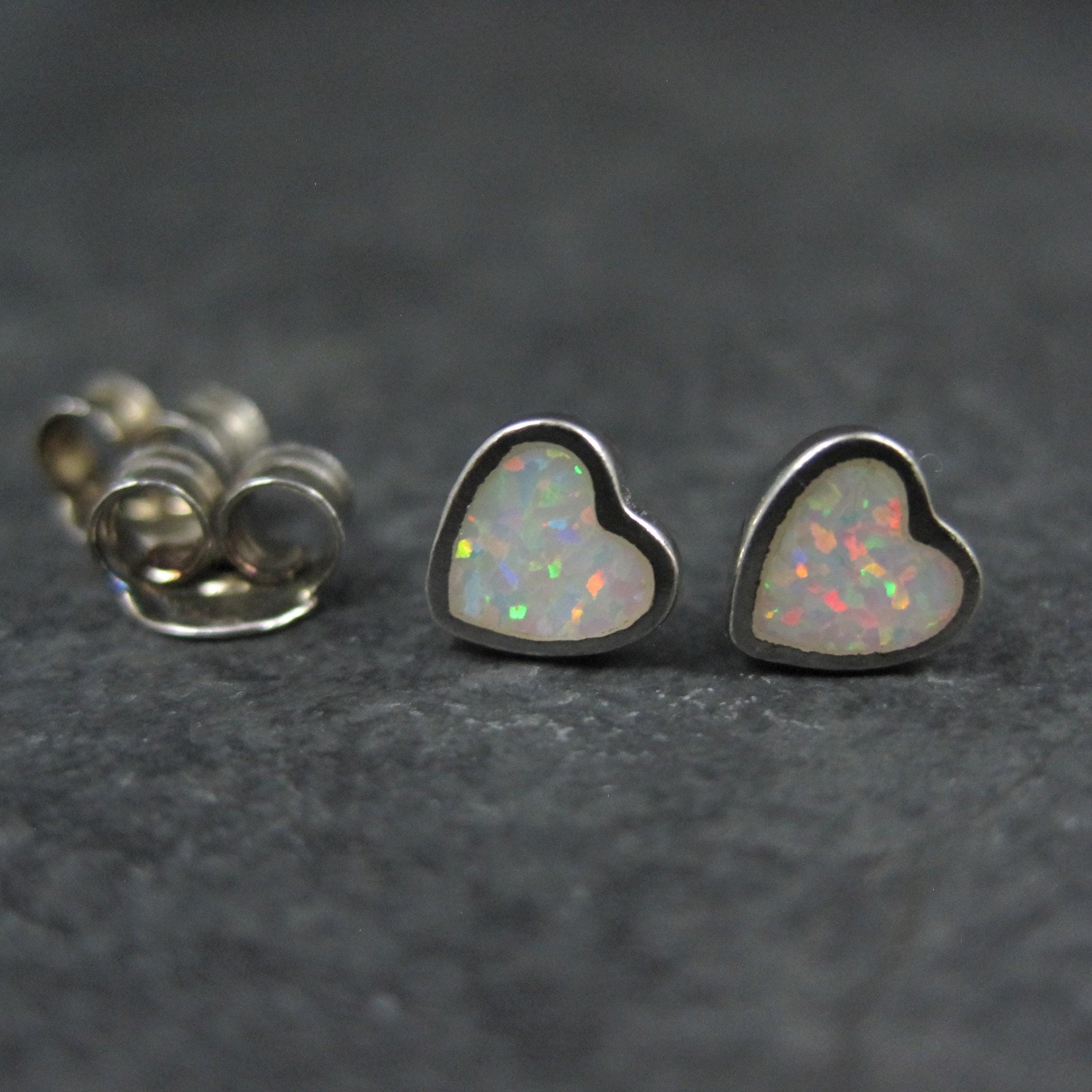 Tiny Opal Heart Earrings Vintage Sterling Silver Studs