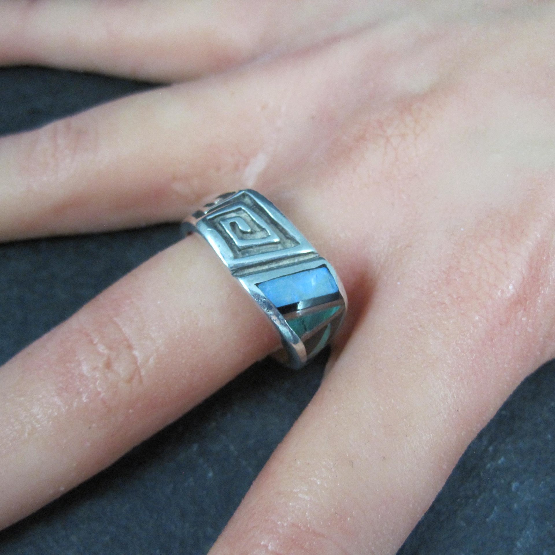 Mens Navajo Inlay Ring Size 12 Sterling Silver Elgin Hoskey
