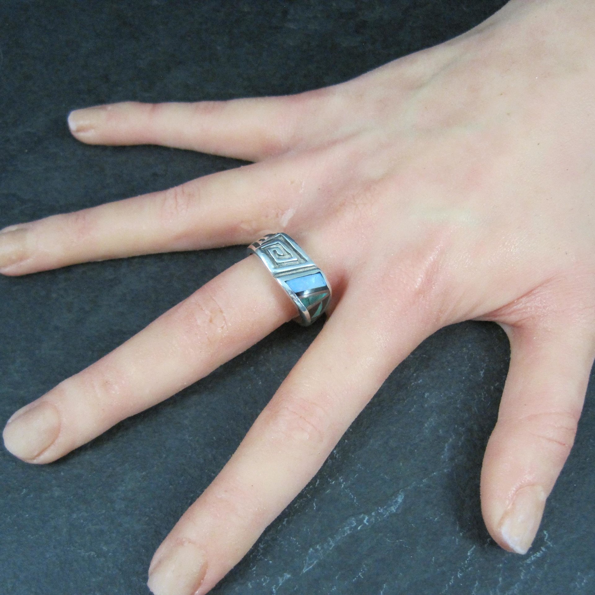 Mens Navajo Inlay Ring Size 12 Sterling Silver Elgin Hoskey