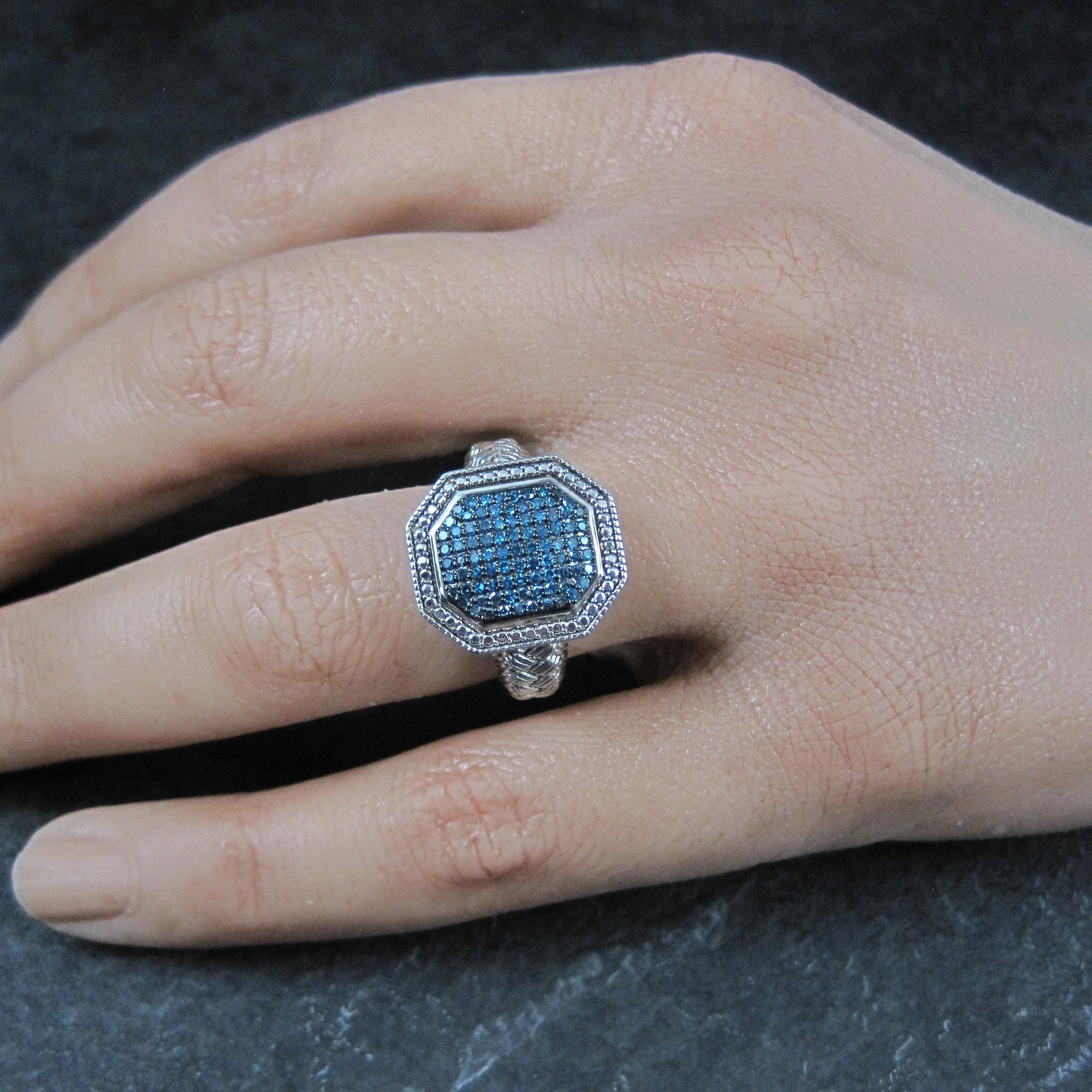 Estate Blue Diamond Ring Size 6 Sterling Silver .35 Carat Cocktail Ring