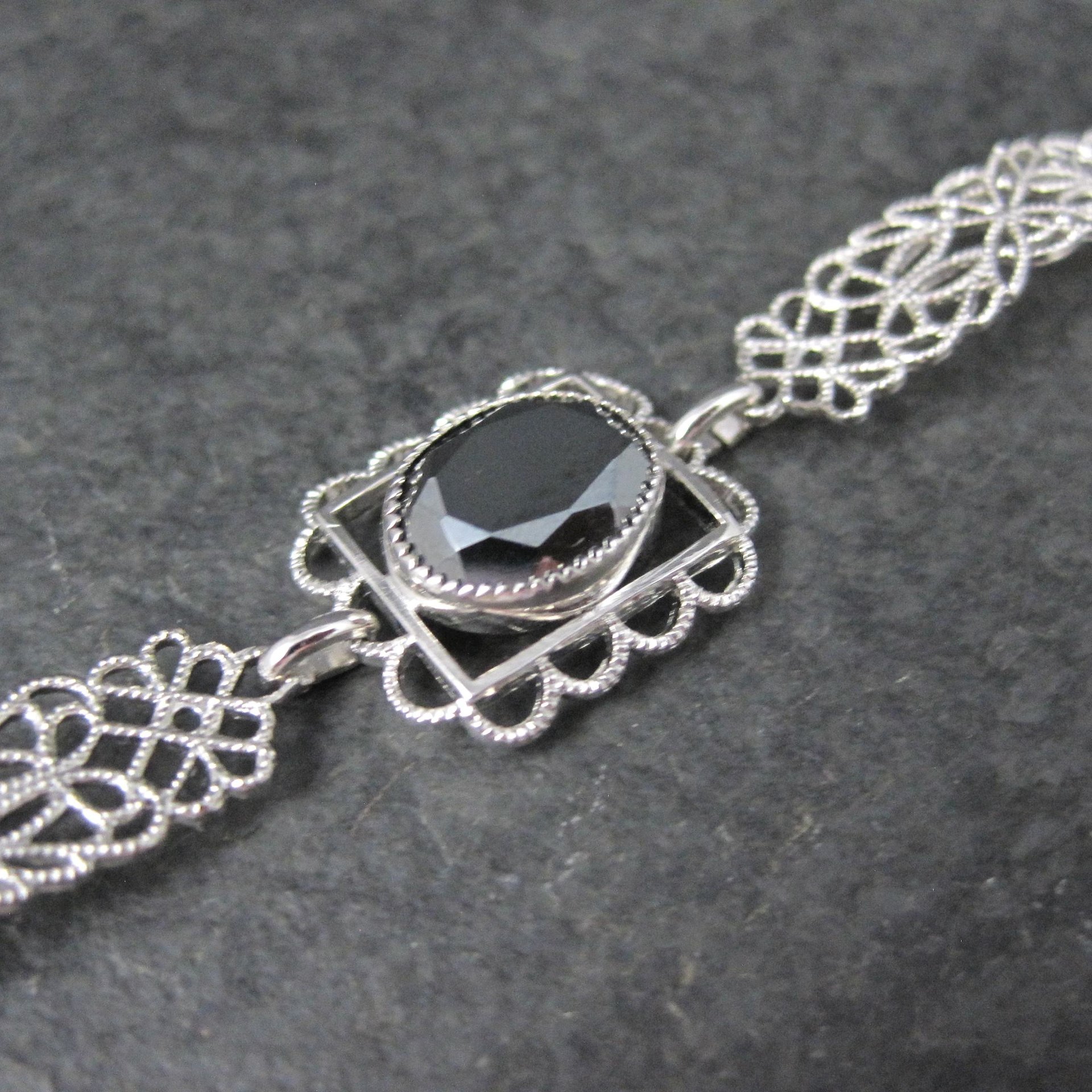 Filigree Hematite Bracelet 14K White Gold Filled 7.5 Inches