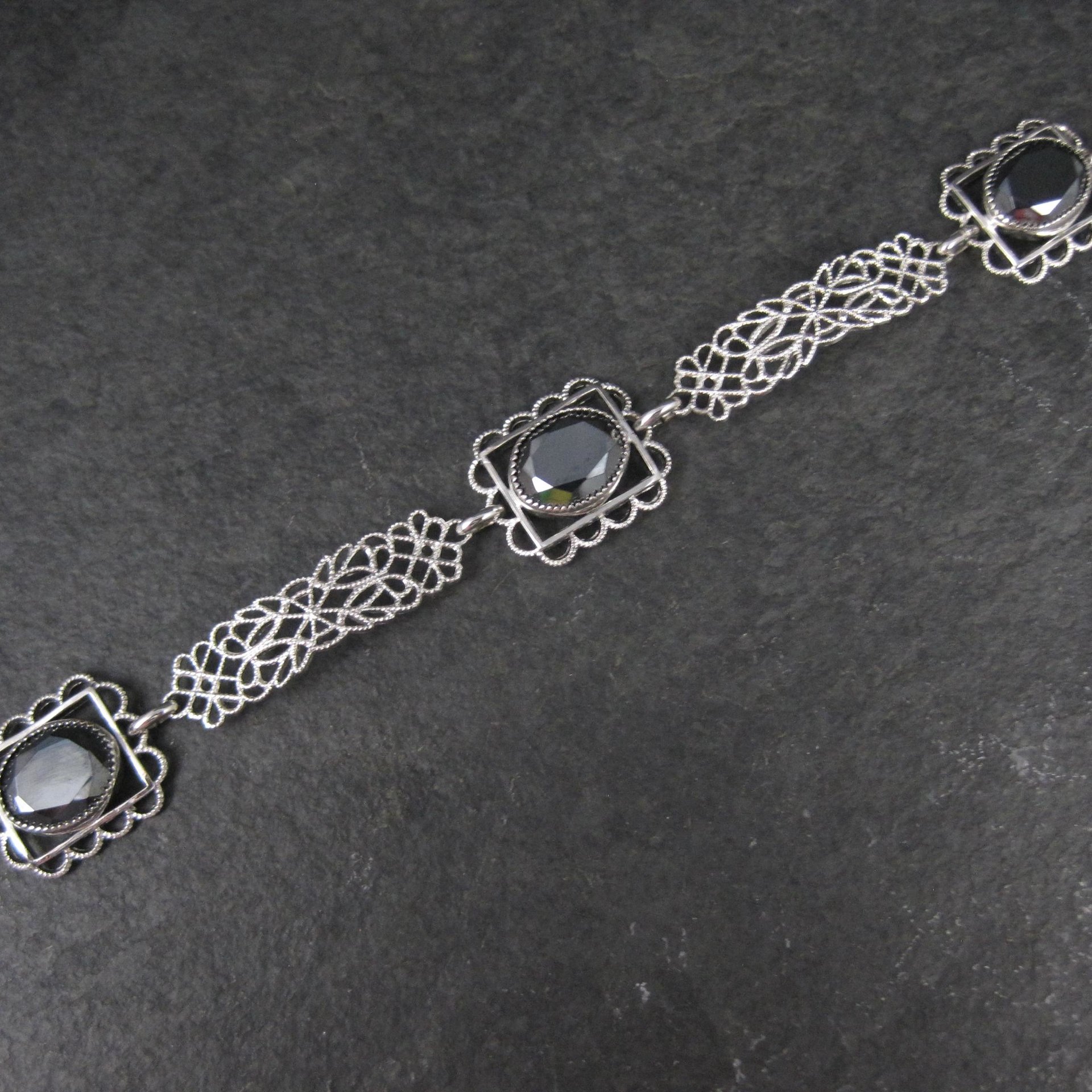 Filigree Hematite Bracelet 14K White Gold Filled 7.5 Inches