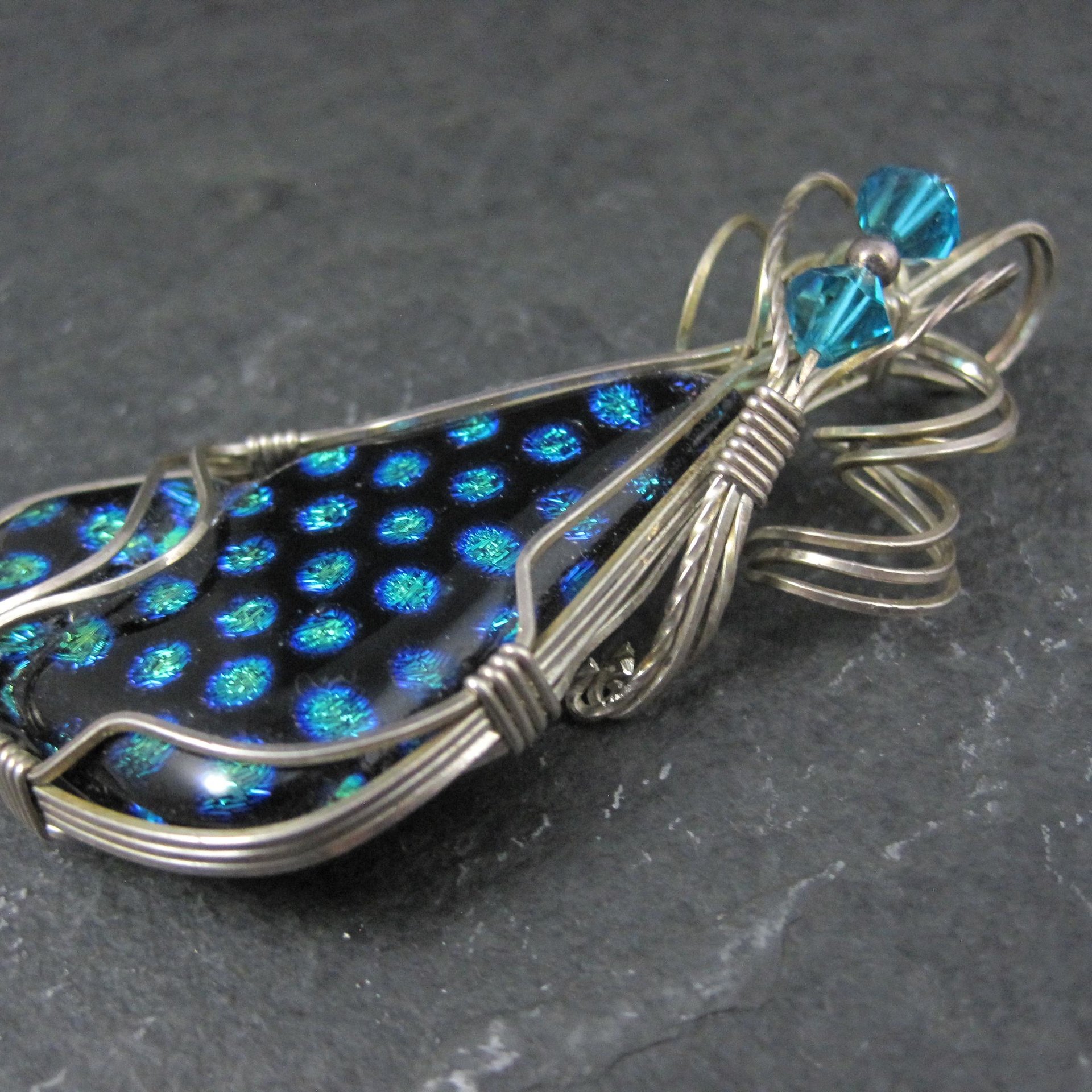 Vintage Wire Wrapped Sterling Dichroic Glass Pendant