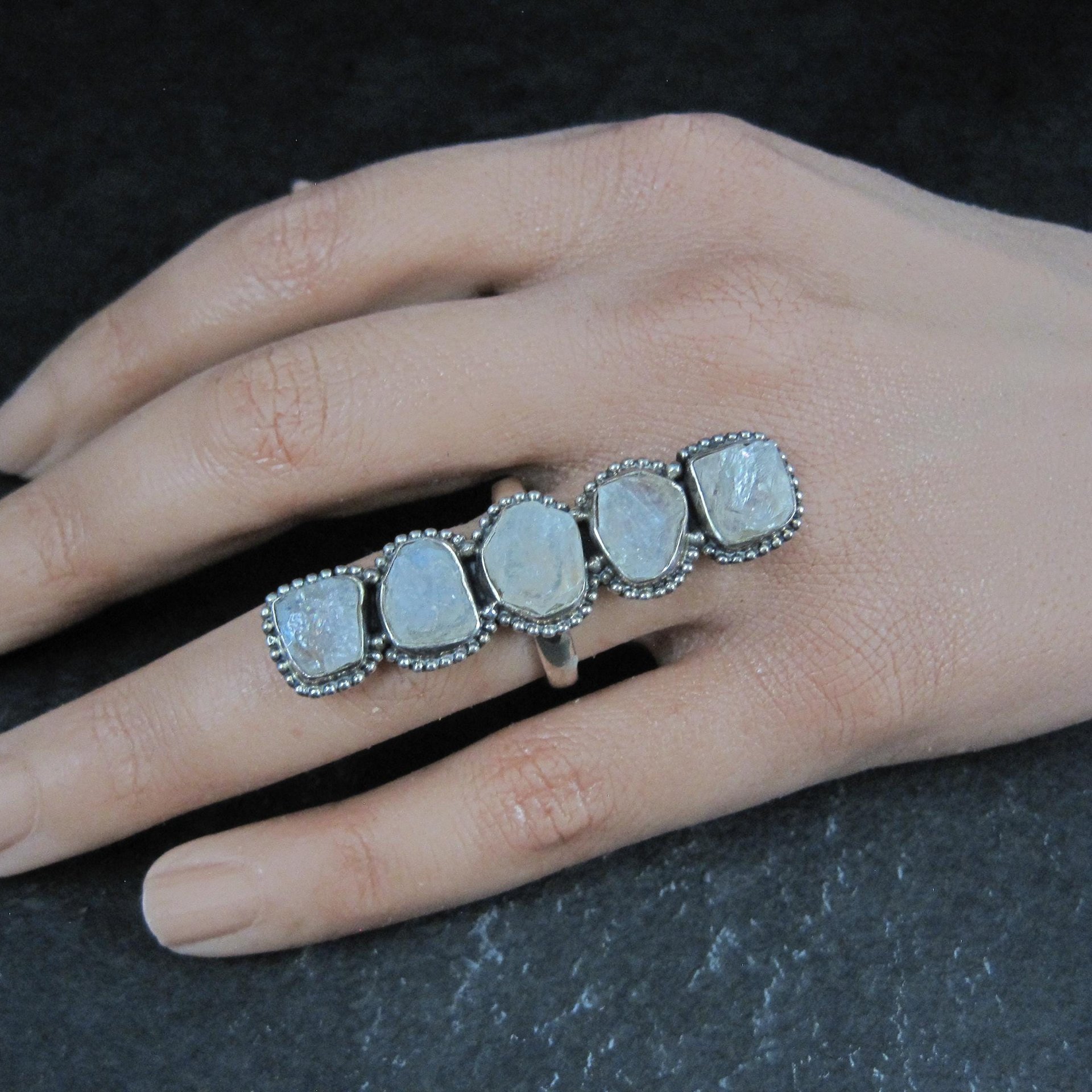 Long Rough Moonstone Ring 925 Sterling Silver Adjustable Size 8