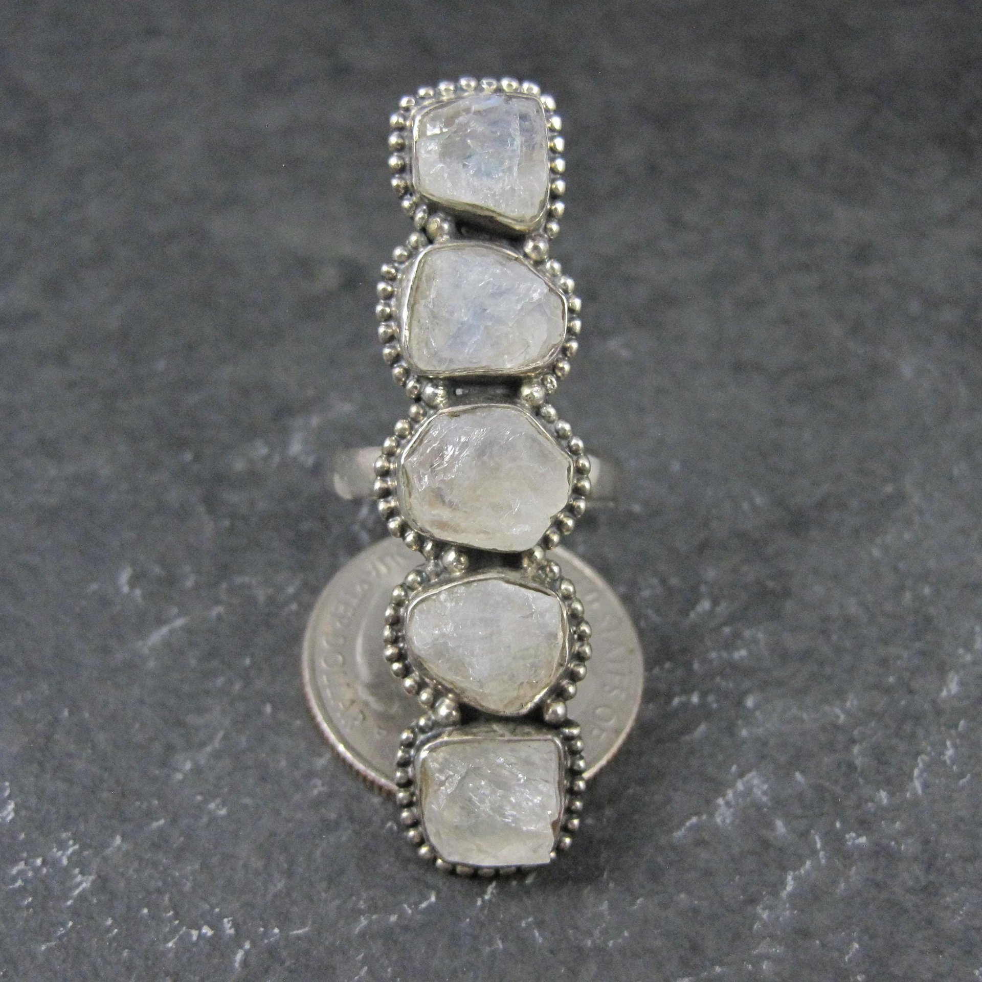 Long Rough Moonstone Ring 925 Sterling Silver Adjustable Size 8