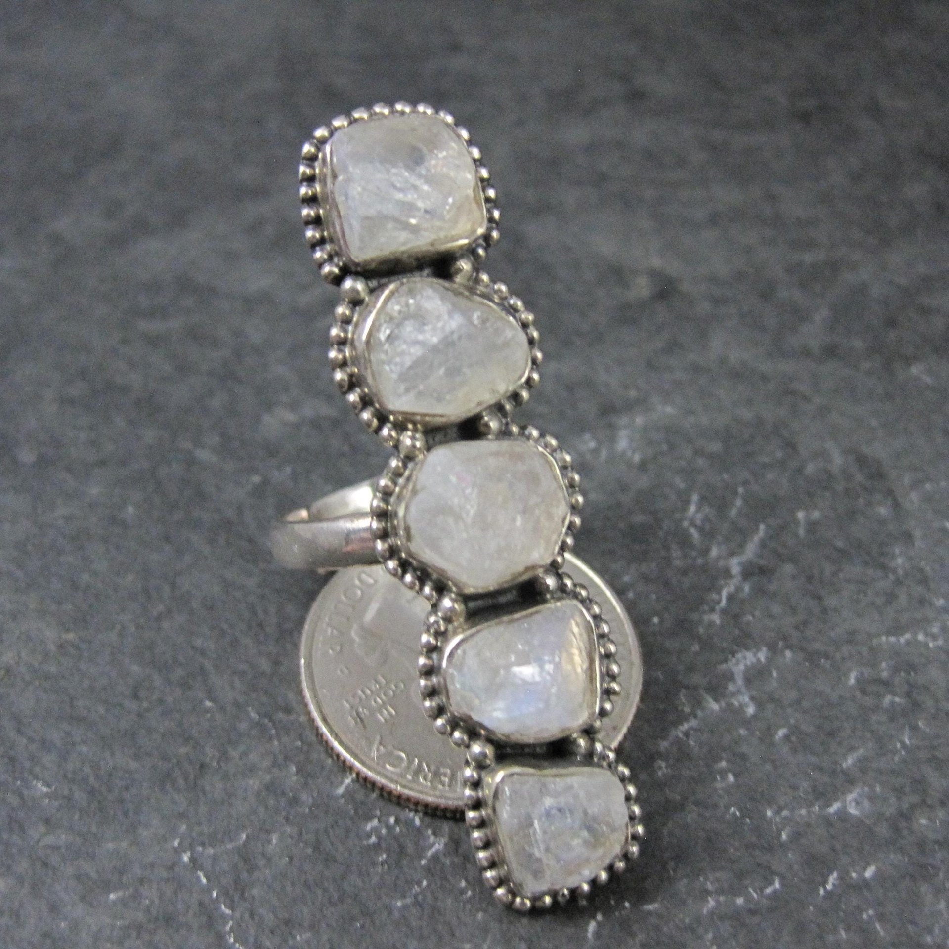 Long Rough Moonstone Ring 925 Sterling Silver Adjustable Size 8