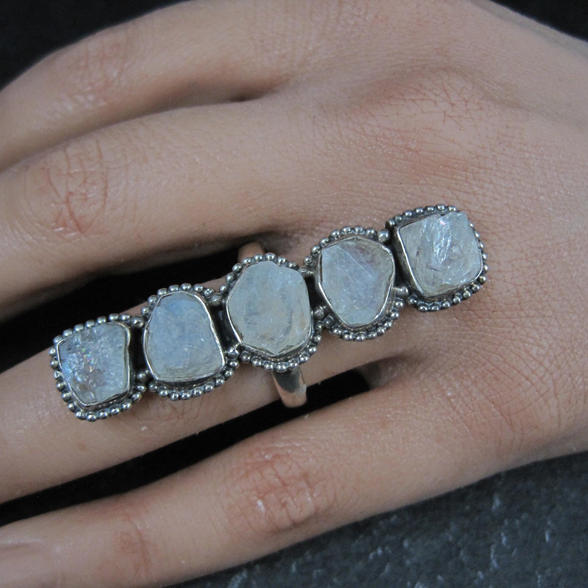 Long Rough Moonstone Ring 925 Sterling Silver Adjustable Size 8