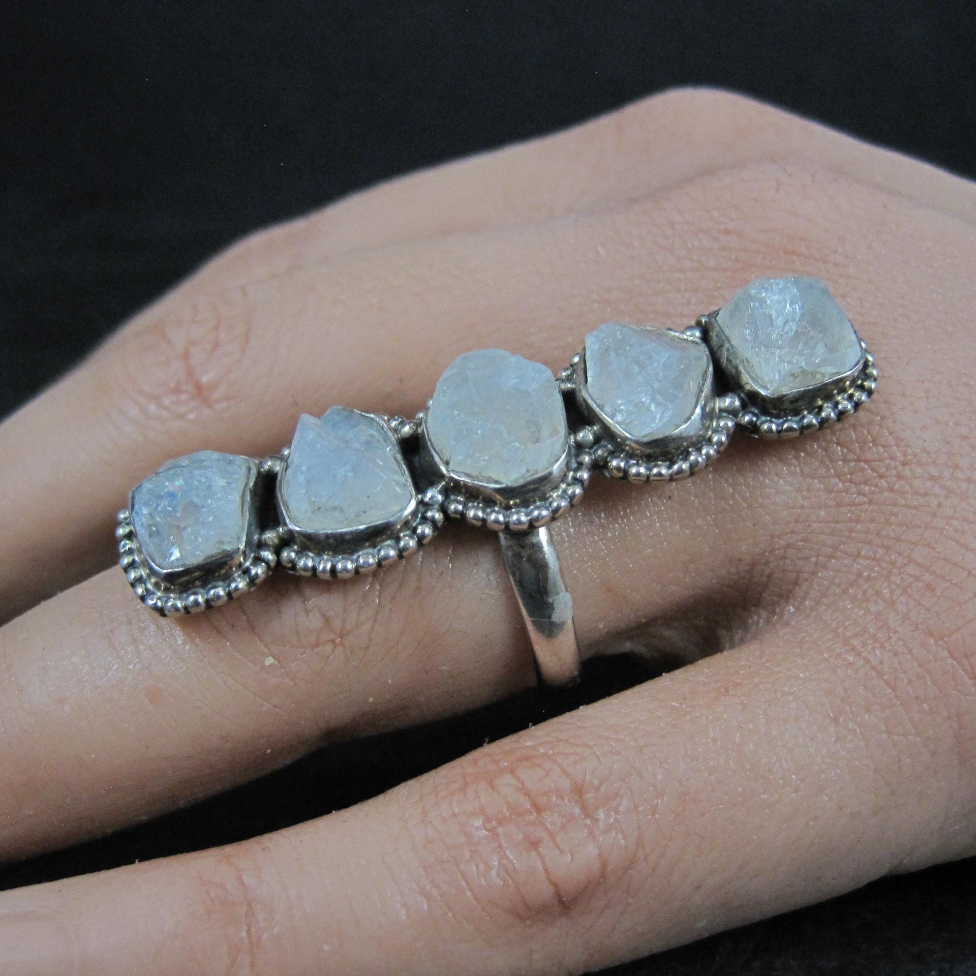 Long Rough Moonstone Ring 925 Sterling Silver Adjustable Size 8