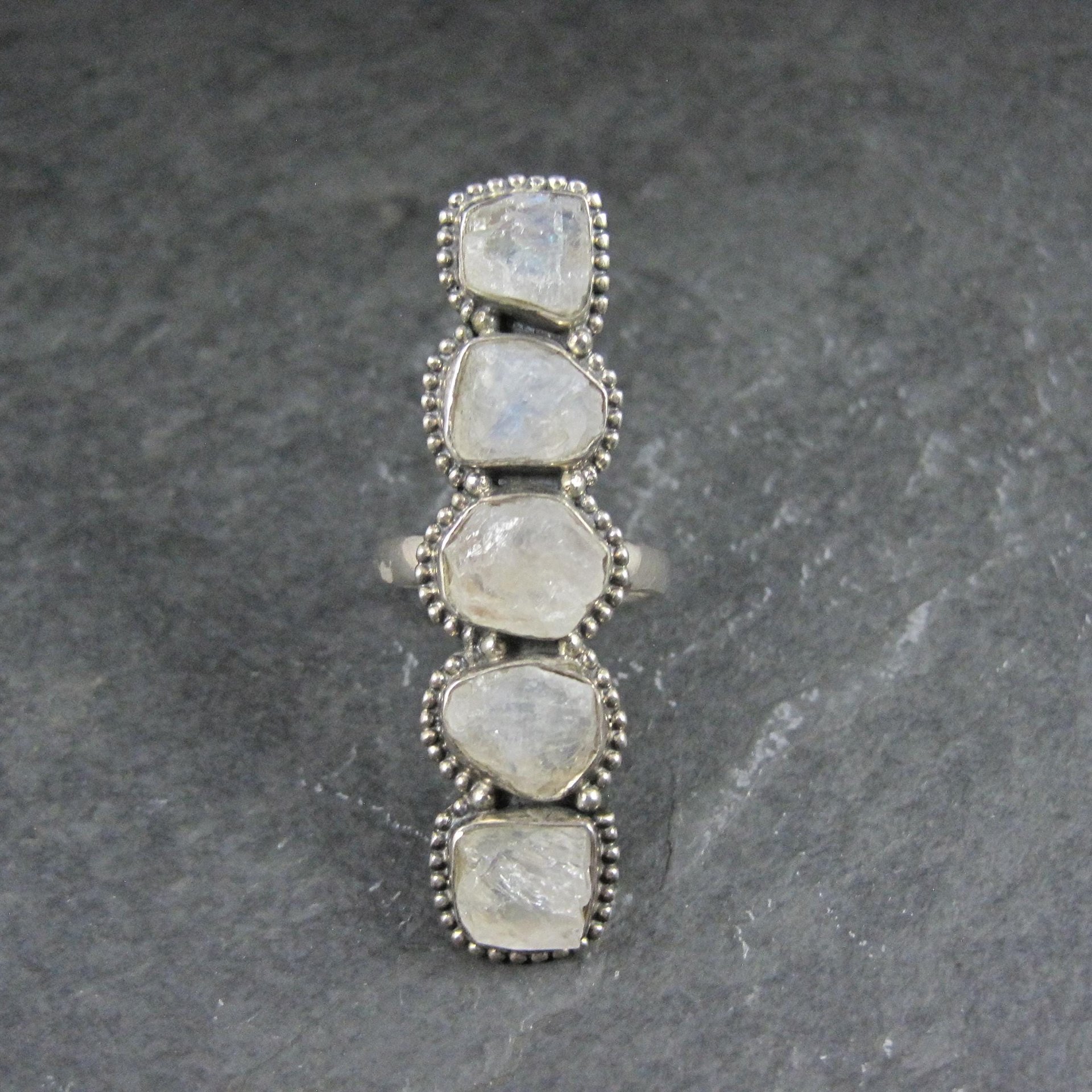 Long Rough Moonstone Ring 925 Sterling Silver Adjustable Size 8