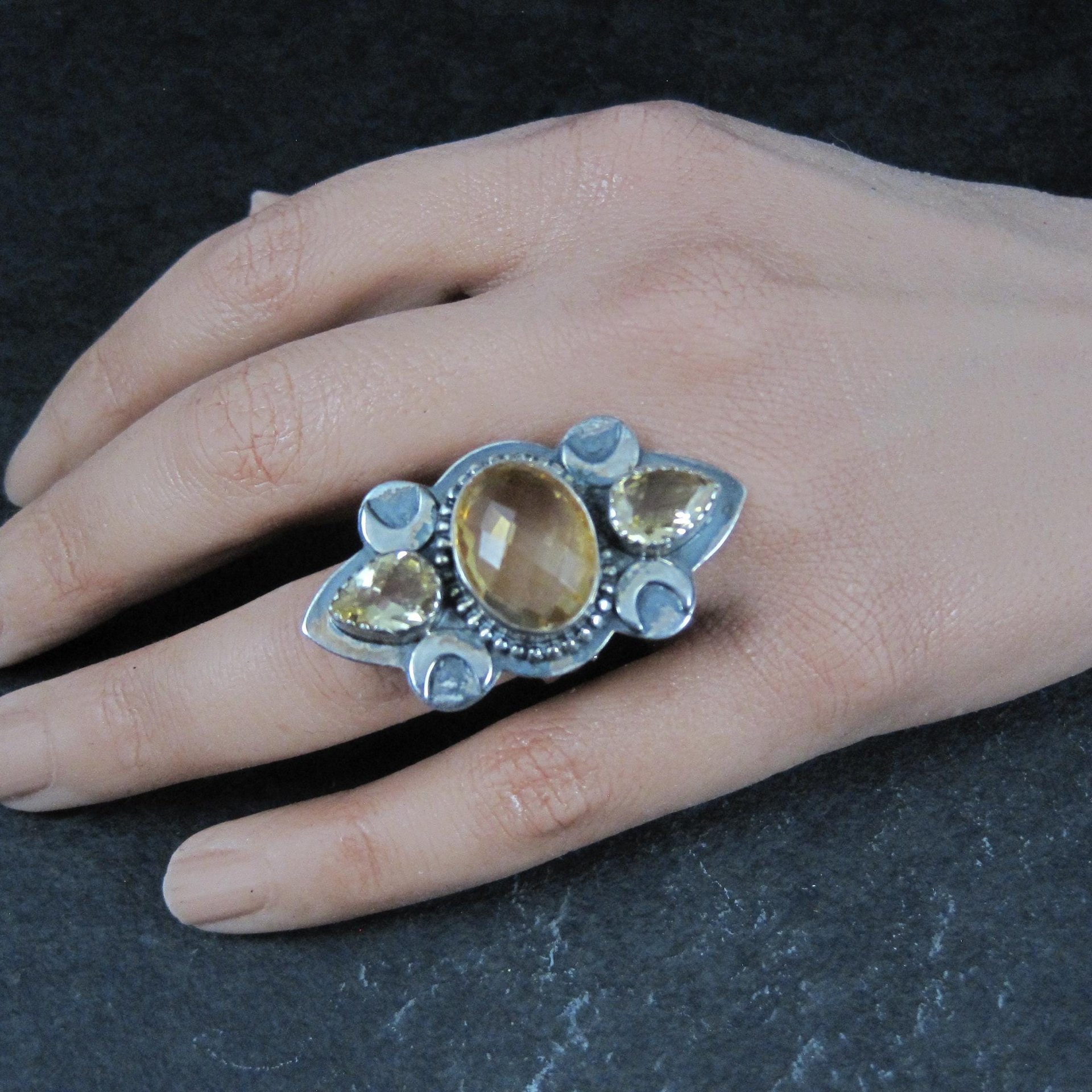 Large Estate Citrine Crescent Moon Ring Adjustable Size 8