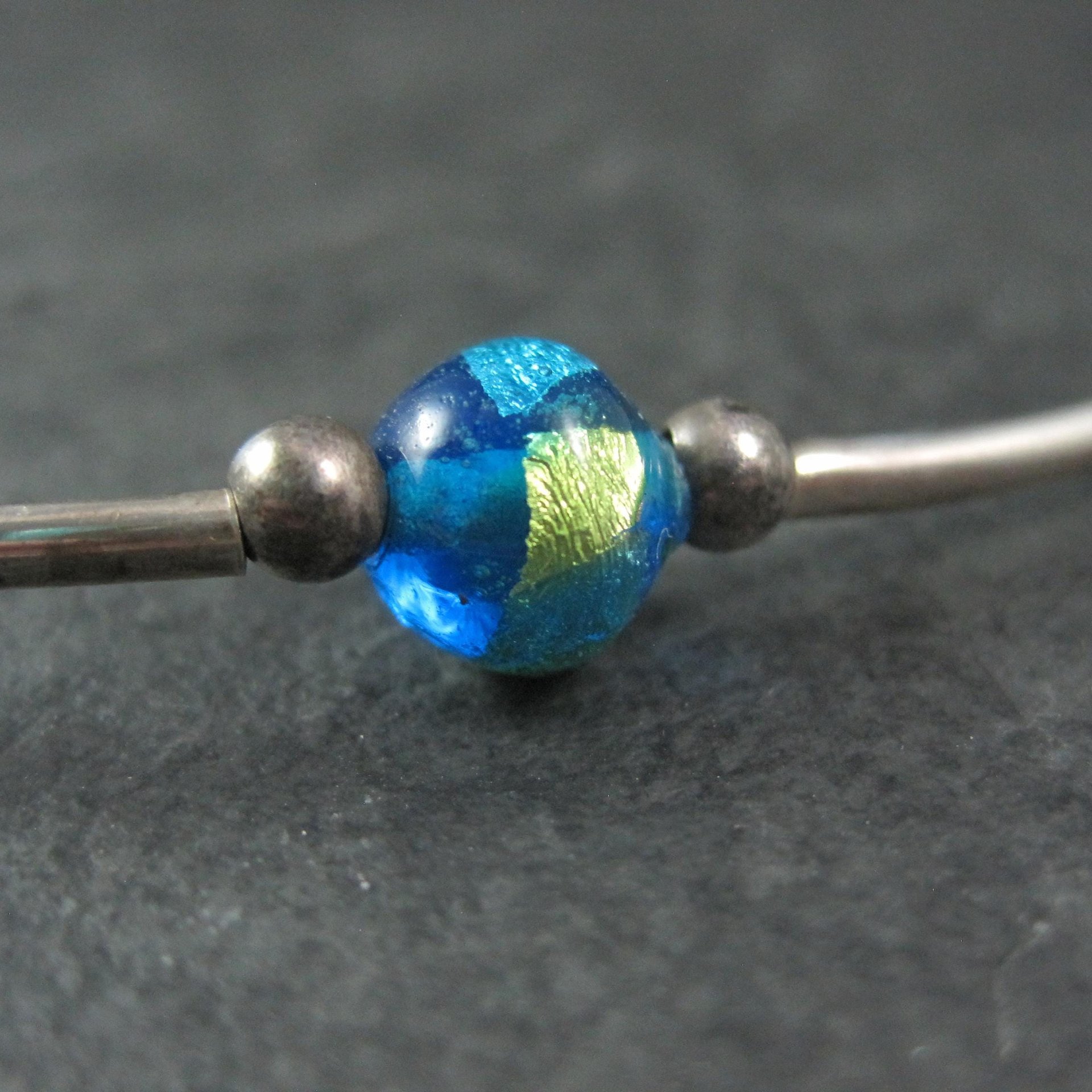Blue Dichroic Glass and Crystal Bead Necklace Sterling Silver 19"