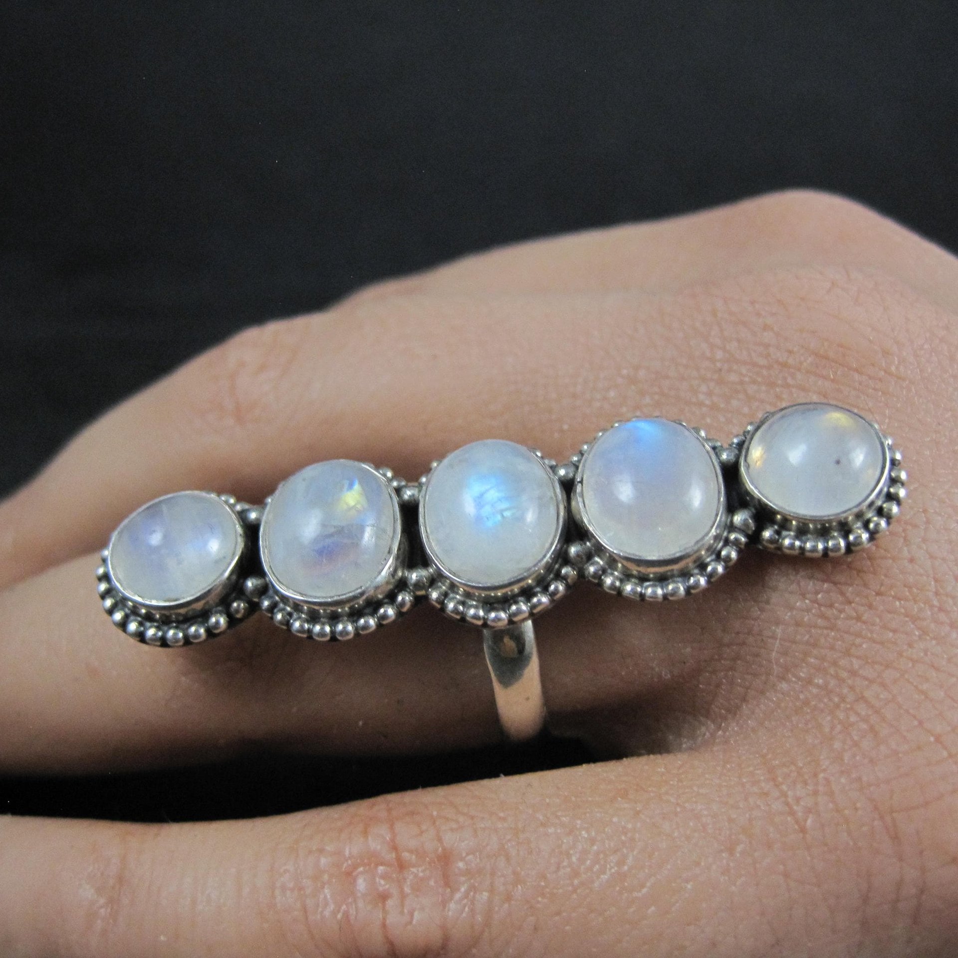 Long Rainbow Moonstone Ring 925 Sterling Silver Adjustable Size 8