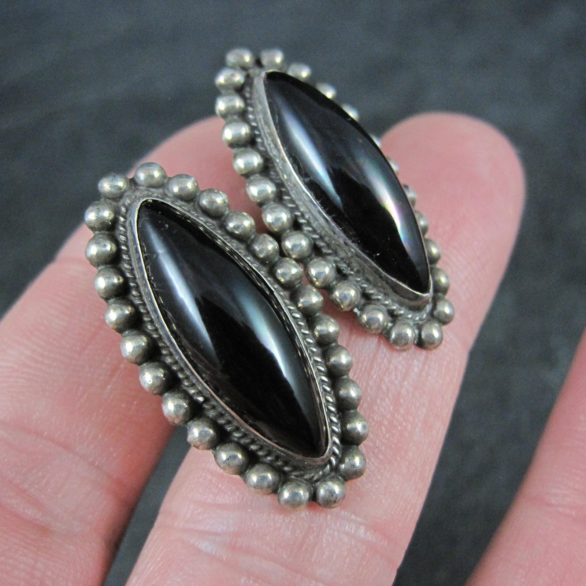 Vintage AHS Mexican Sterling Onyx Earrings Screw Back