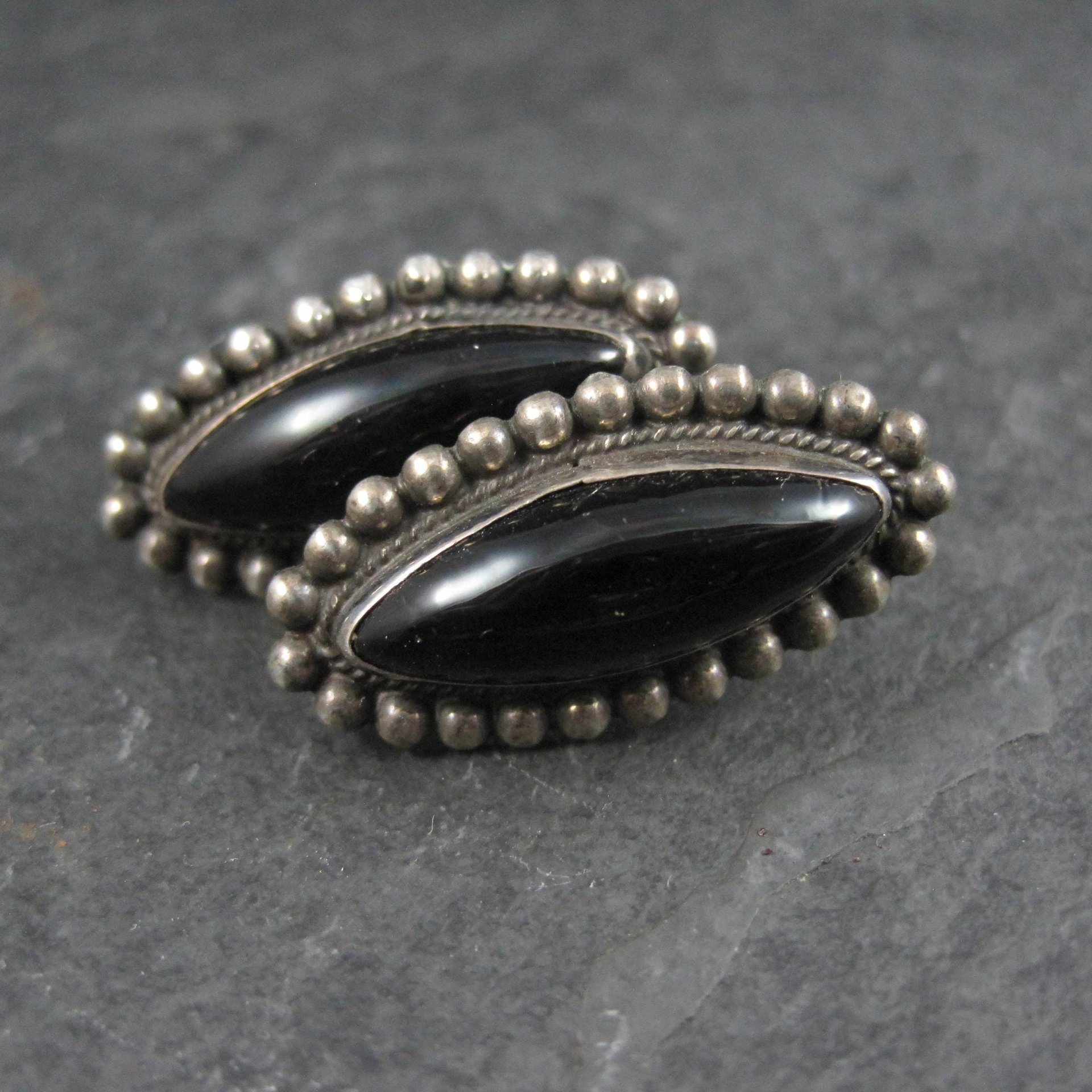 Vintage AHS Mexican Sterling Onyx Earrings Screw Back