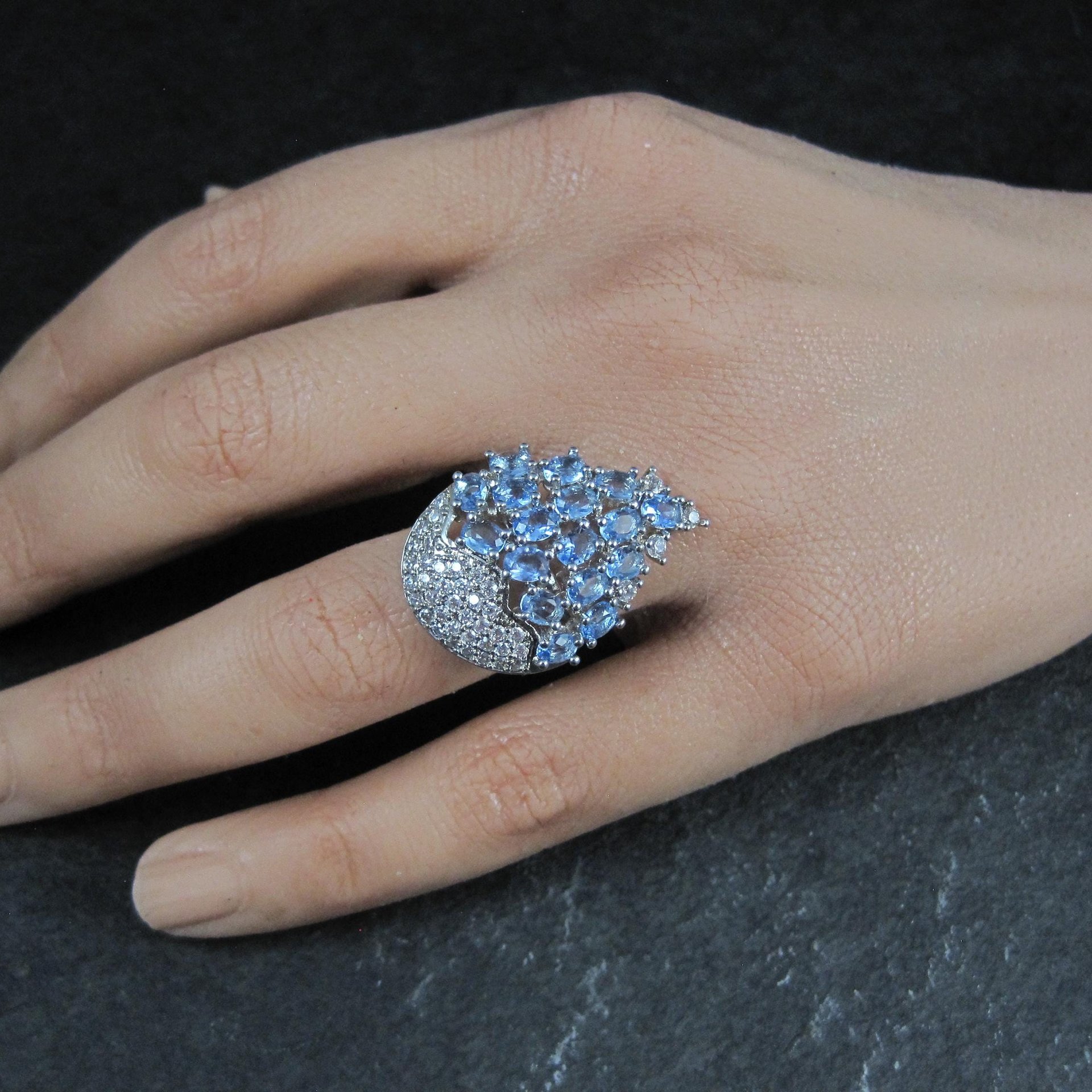 1990s Tanzanite Purple Cz Cocktail Ring Sterling Silver Size 6
