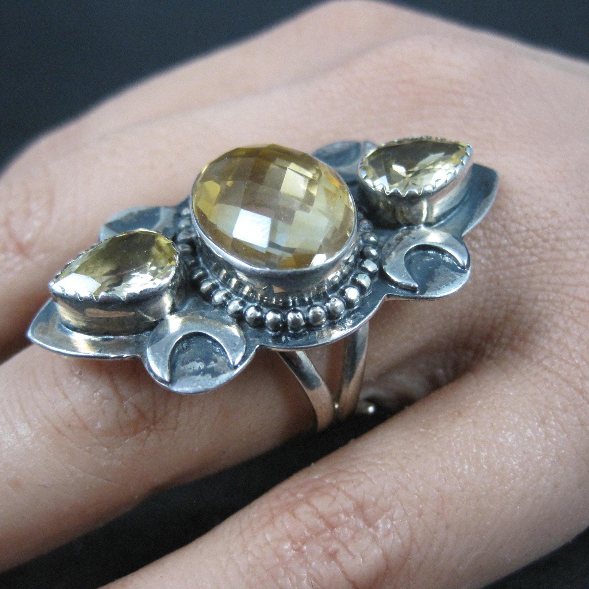 Large Estate Citrine Crescent Moon Ring Adjustable Size 8