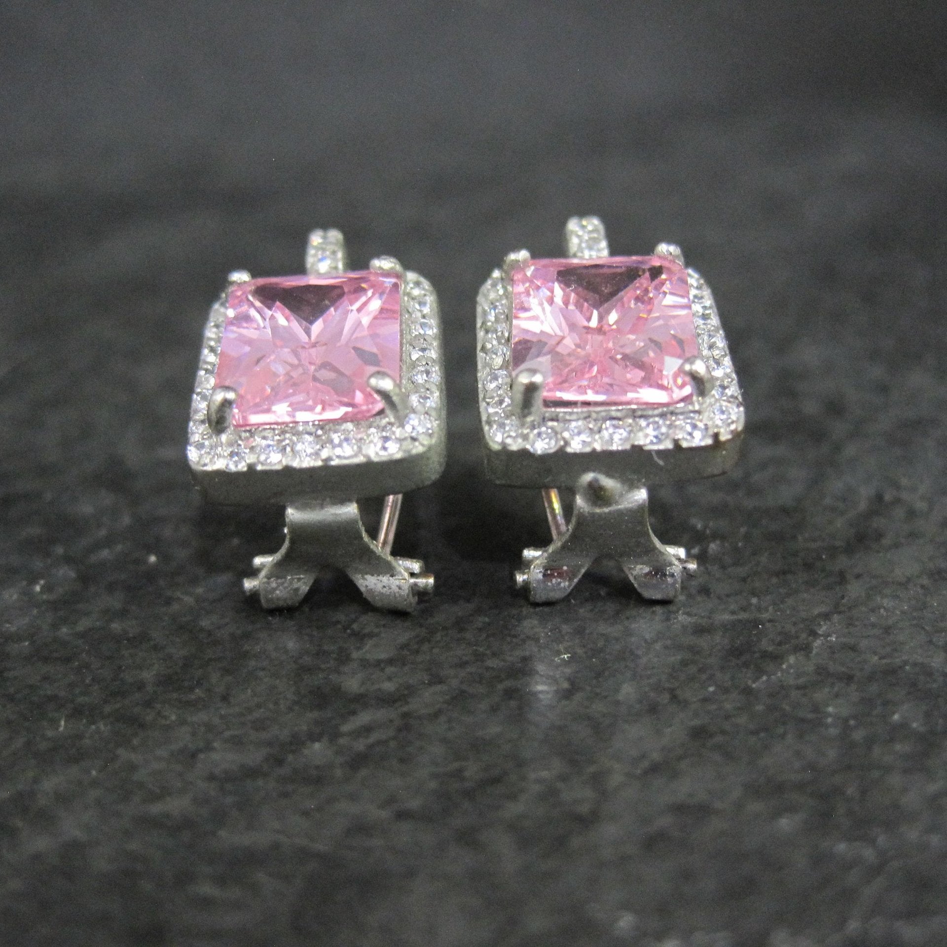 French Back Pink Cz Earrings Sterling Silver