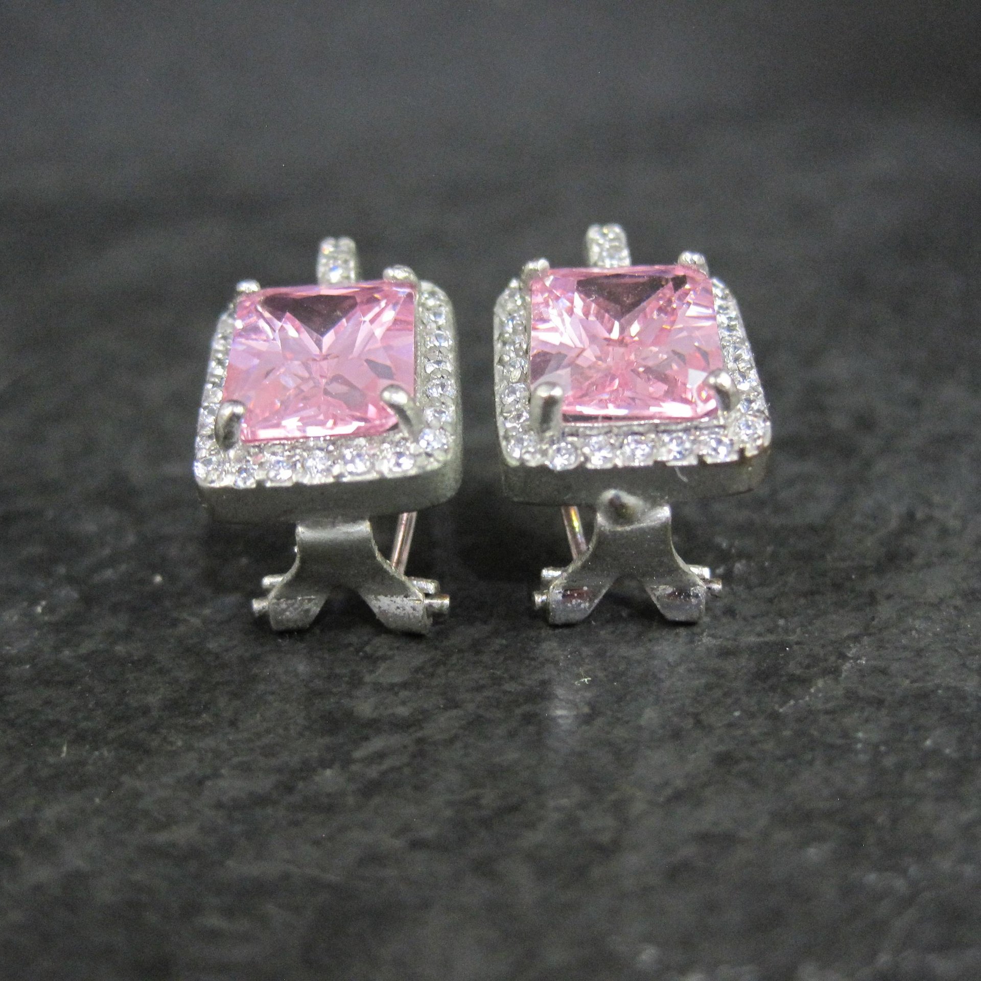 French Back Pink Cz Earrings Sterling Silver