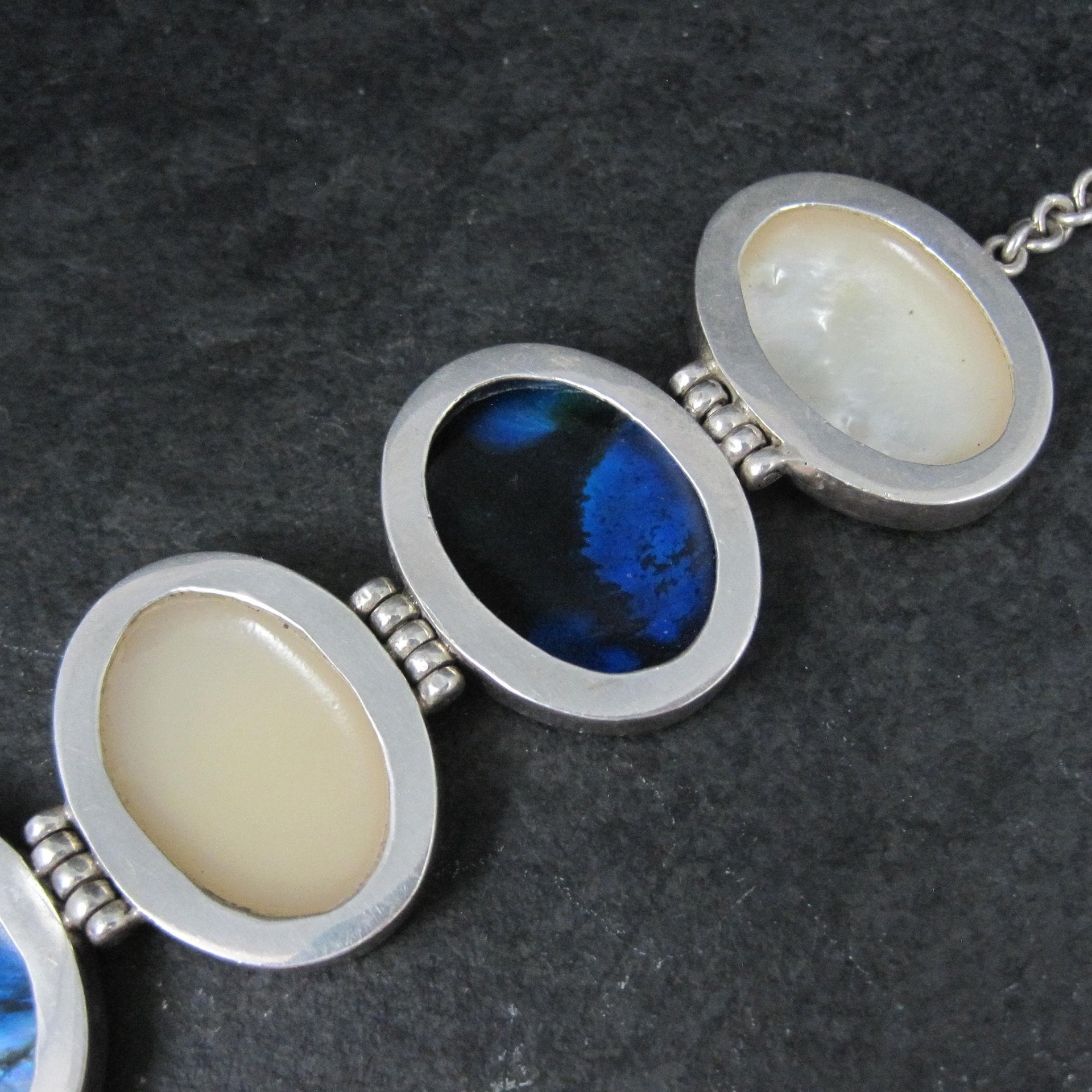 Vintage Sterling Silver Mother of Pearl and Abalone Toggle Bracelet 8"