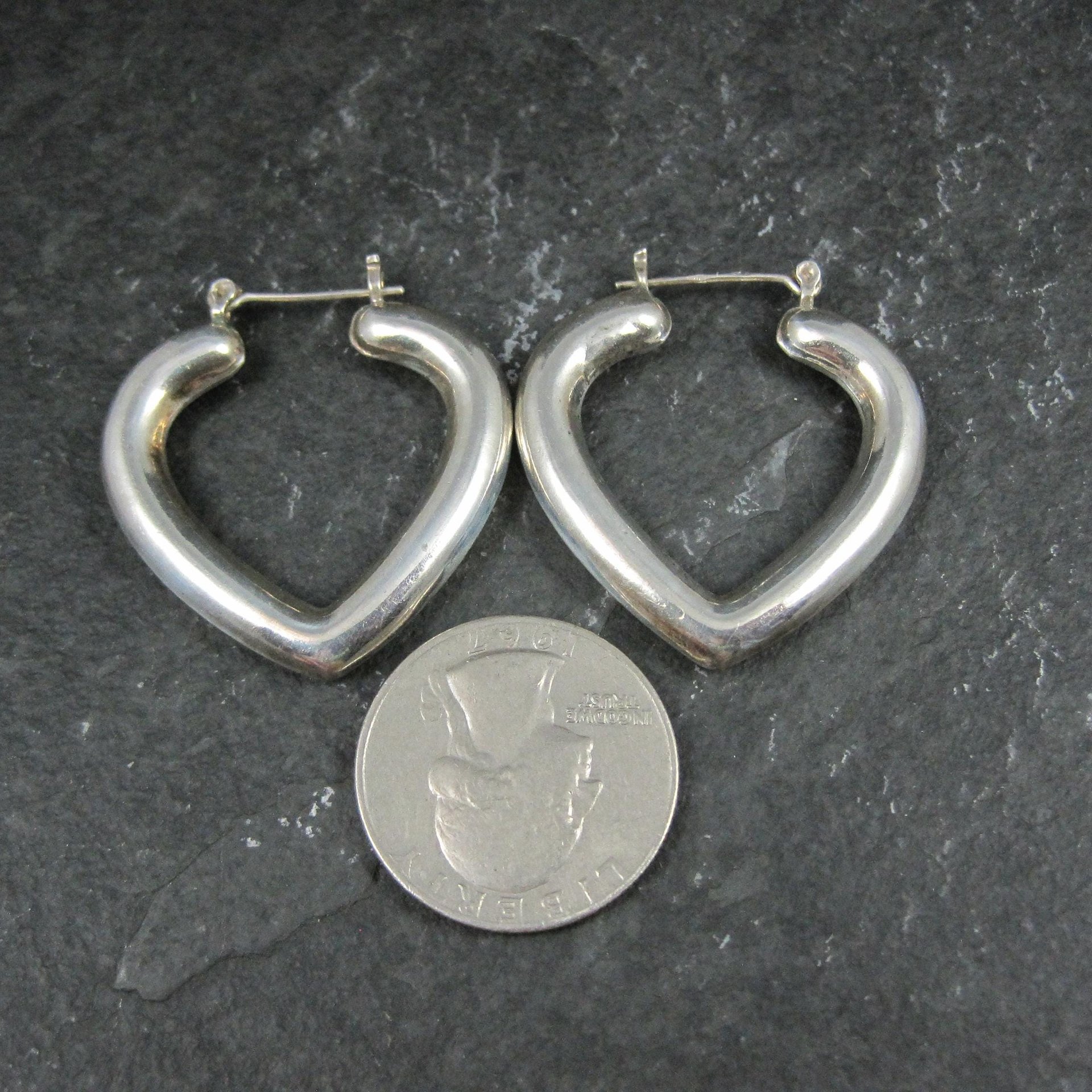 Large Vintage Sterling Silver Heart Latch Hoop Earrings