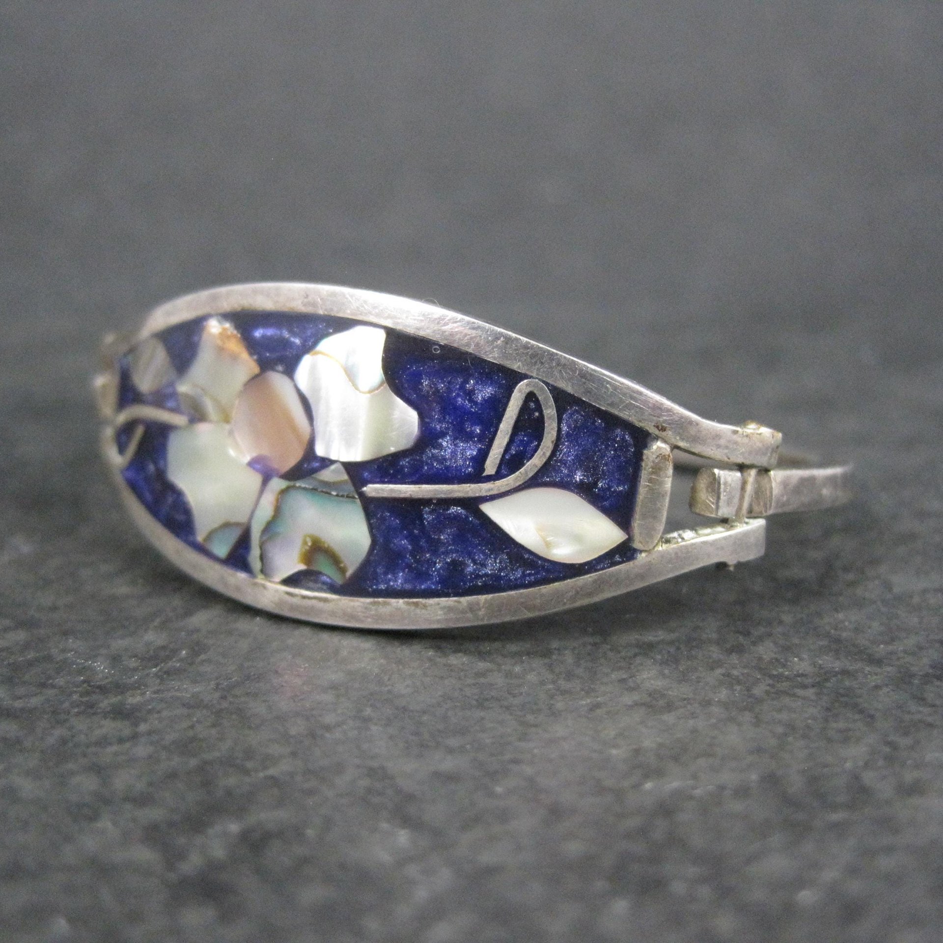 Small Alpaca Silver Abalone Flower Bangle Bracelet 5"
