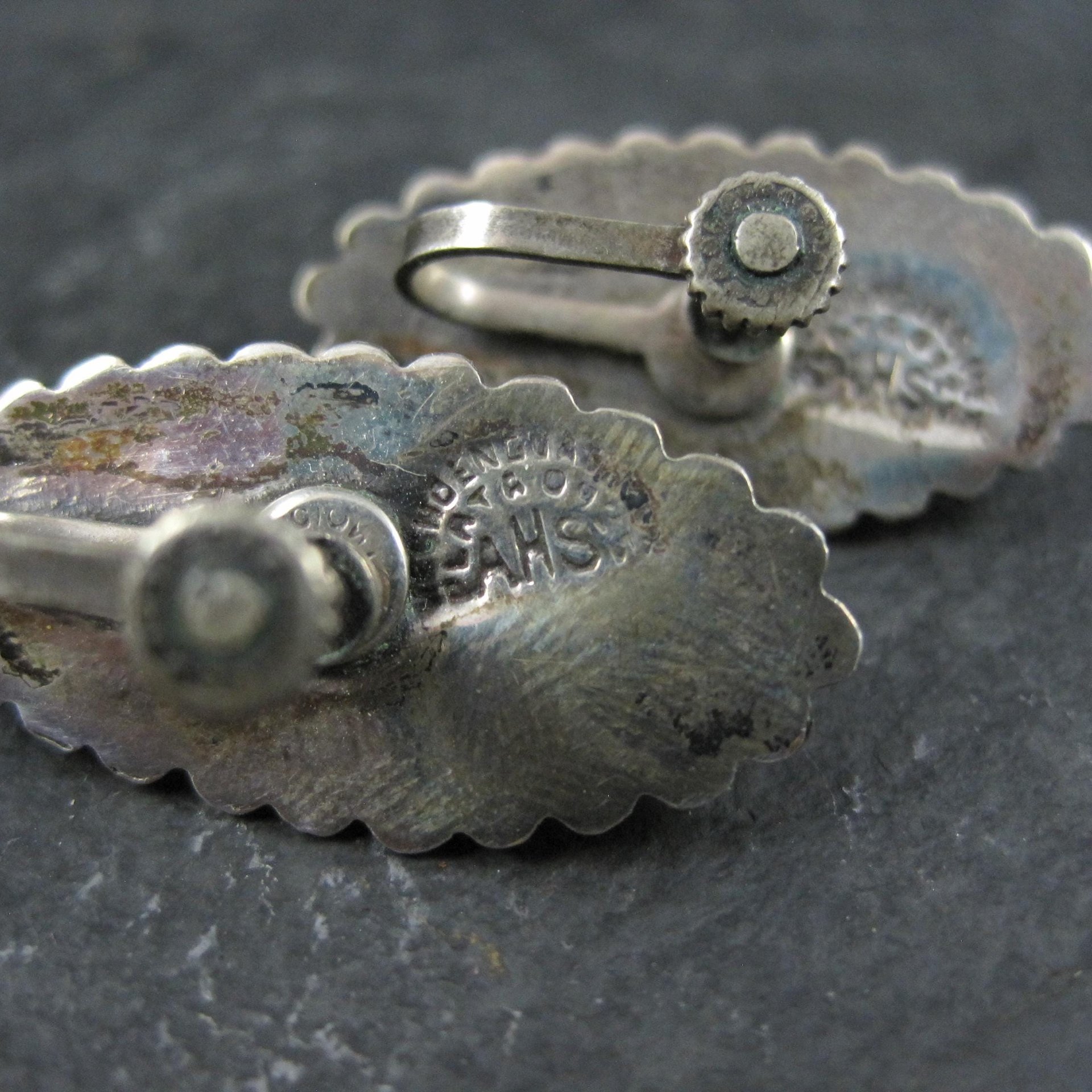 Vintage AHS Mexican Sterling Onyx Earrings Screw Back