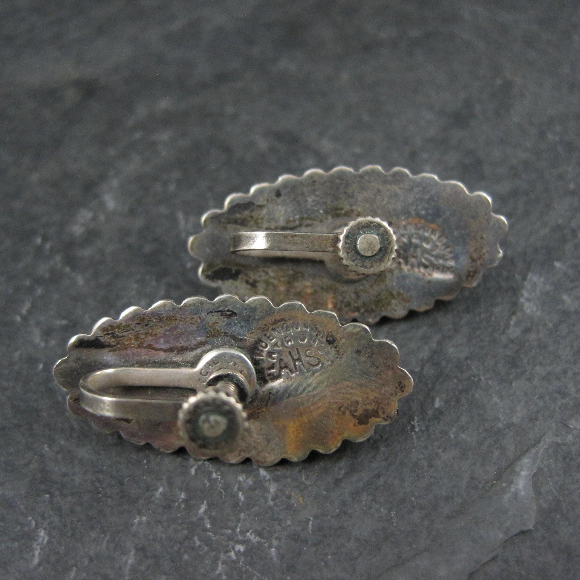 Vintage AHS Mexican Sterling Onyx Earrings Screw Back